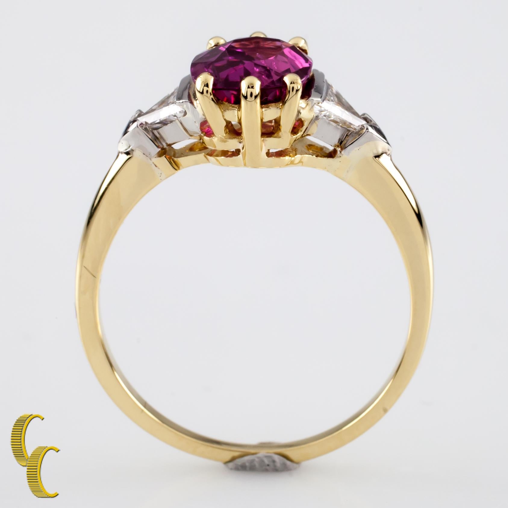 1.50 Carat Ruby with Trillion Diamond Accent 18 Karat Yellow Gold Ring In Good Condition For Sale In Sherman Oaks, CA