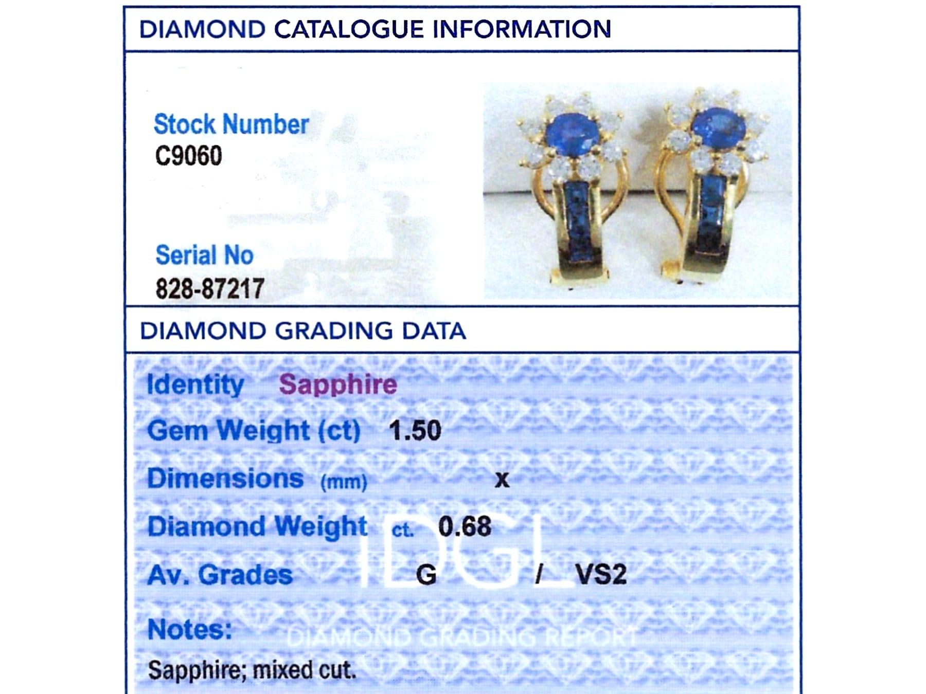 Boucles d'oreilles en or jaune 18 carats avec saphirs de 1,50 carat et diamants de 0,68 carat, c. 1980 en vente 5