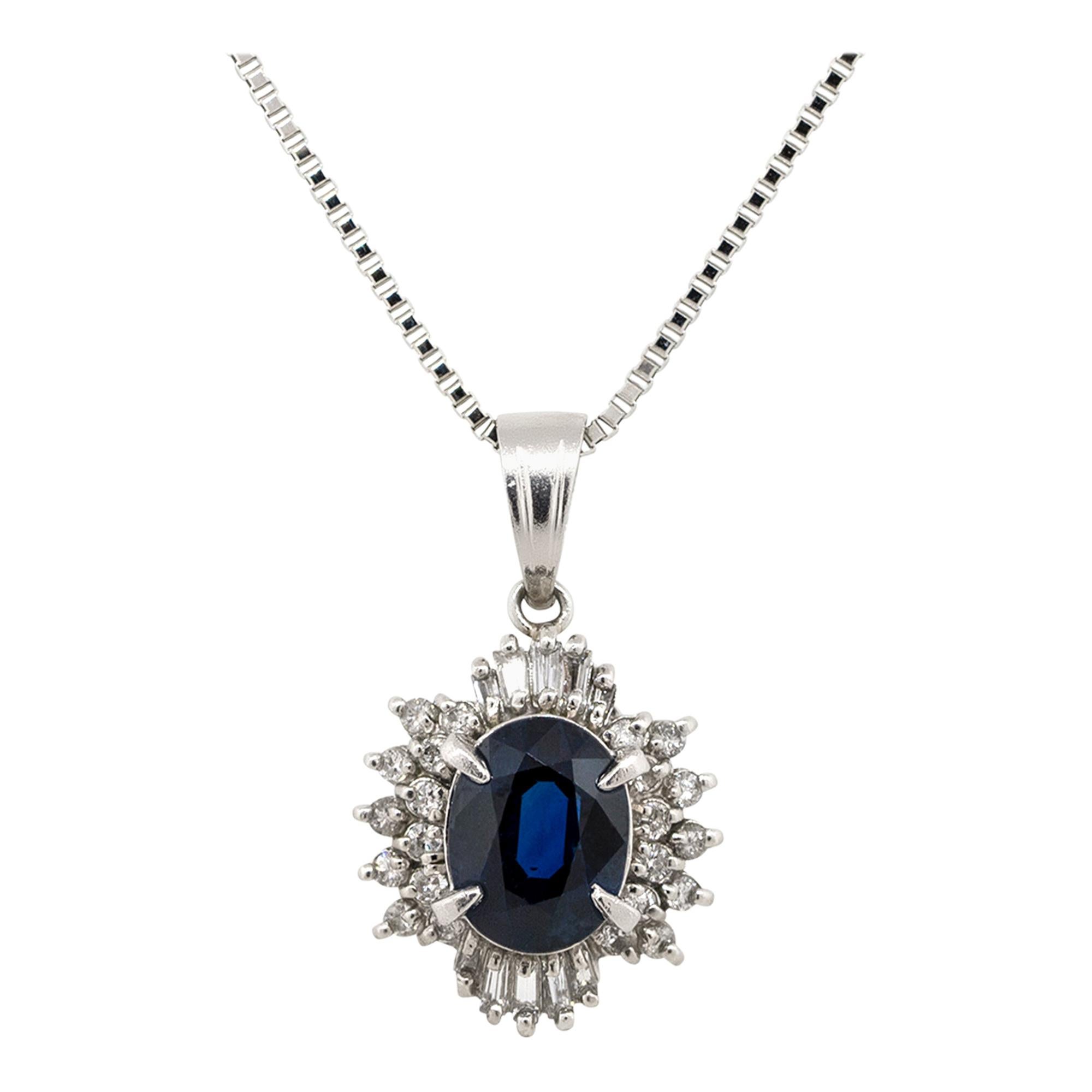 1.50 Carat Sapphire Center Diamond Halo Pendant Necklace Platinum in Stock