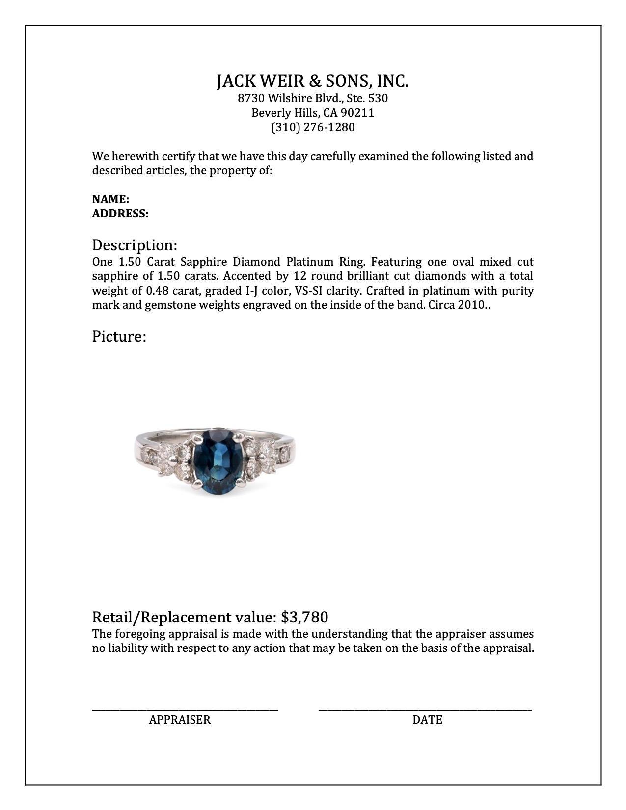 Women's or Men's 1.50 Carat Sapphire Diamond Platinum Ring For Sale