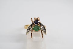 1.50 Carat Sapphire Emerald Diamond Yellow Gold Cocktail "Fly" Ring