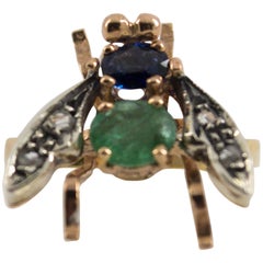 1.50 Carat Sapphire Emerald Diamond Yellow Gold Cocktail "Fly" Ring