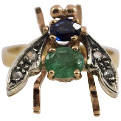 1.50 Carat Sapphire Emerald Diamond Yellow Gold Cocktail "Fly" Ring