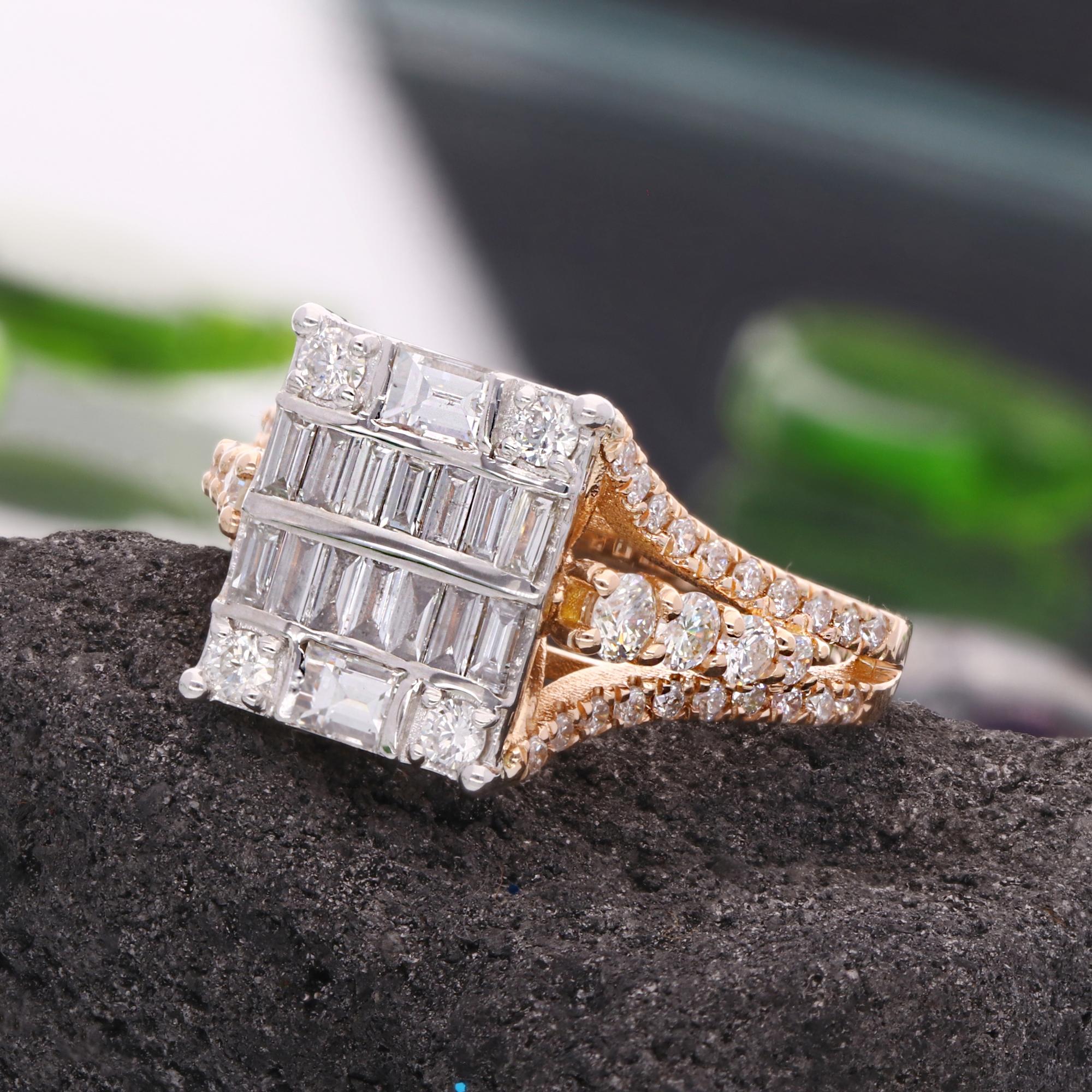 For Sale:  1.50 Carat SI Clarity HI Color Round Baguette Diamond Ring 18 Karat Rose Gold 4