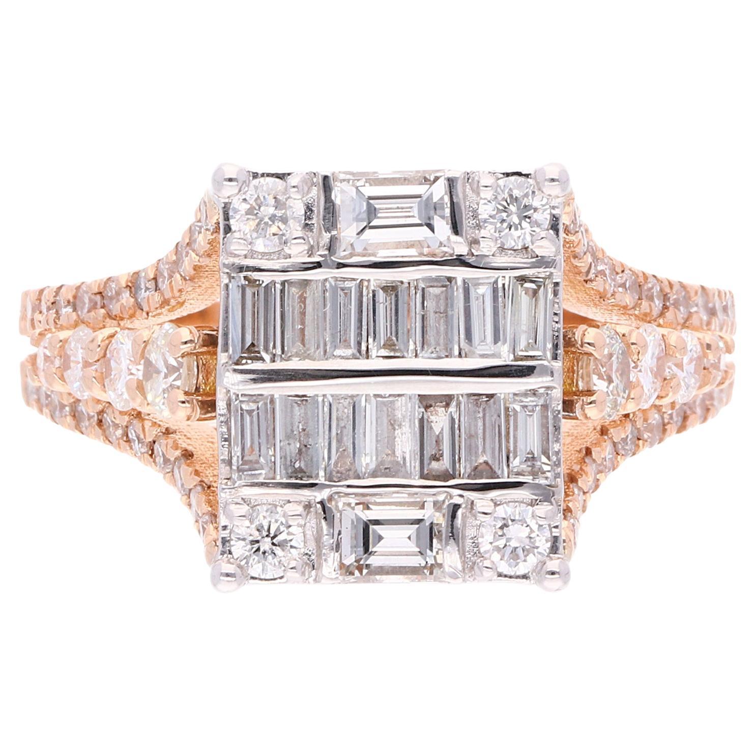 For Sale:  1.50 Carat SI Clarity HI Color Round Baguette Diamond Ring 18 Karat Rose Gold