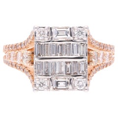 1.50 Carat SI Clarity HI Color Round Baguette Diamond Ring 18 Karat Rose Gold