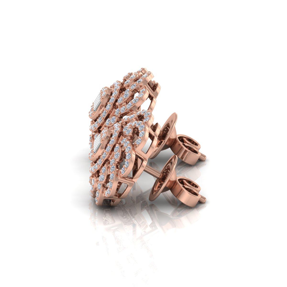 Round Cut 1.50 Carat SI/H Baguette Brilliant Cut Diamond Flower Earrings 14k Rose Gold For Sale