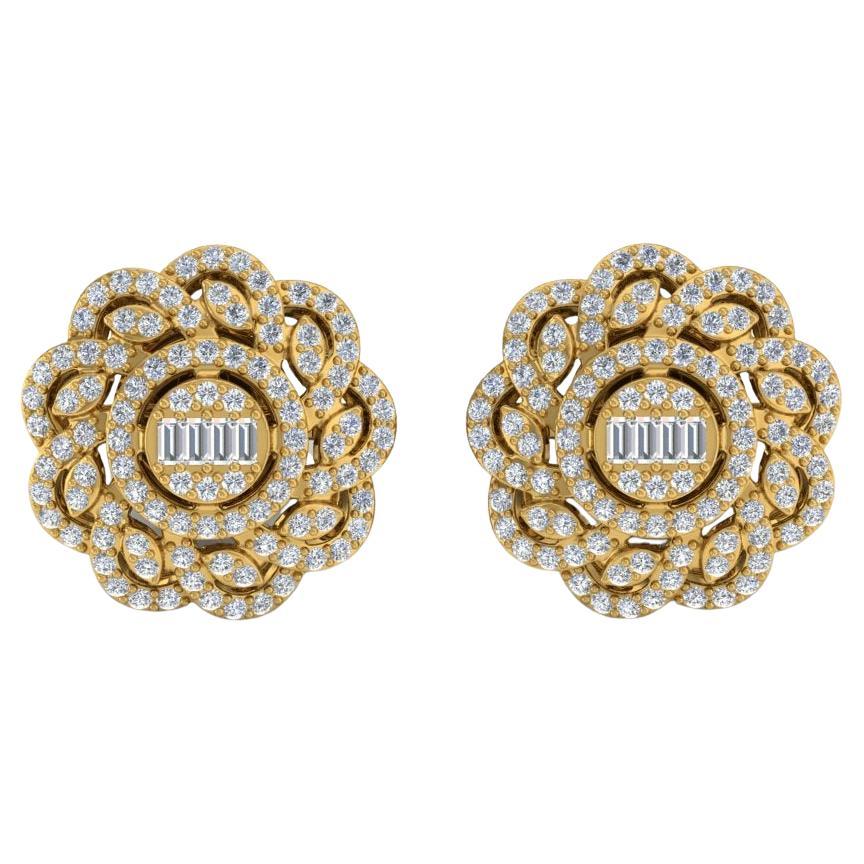 1.50 Carat SI/H Baguette Brilliant Cut Diamond Flower Earrings 14k Yellow Gold