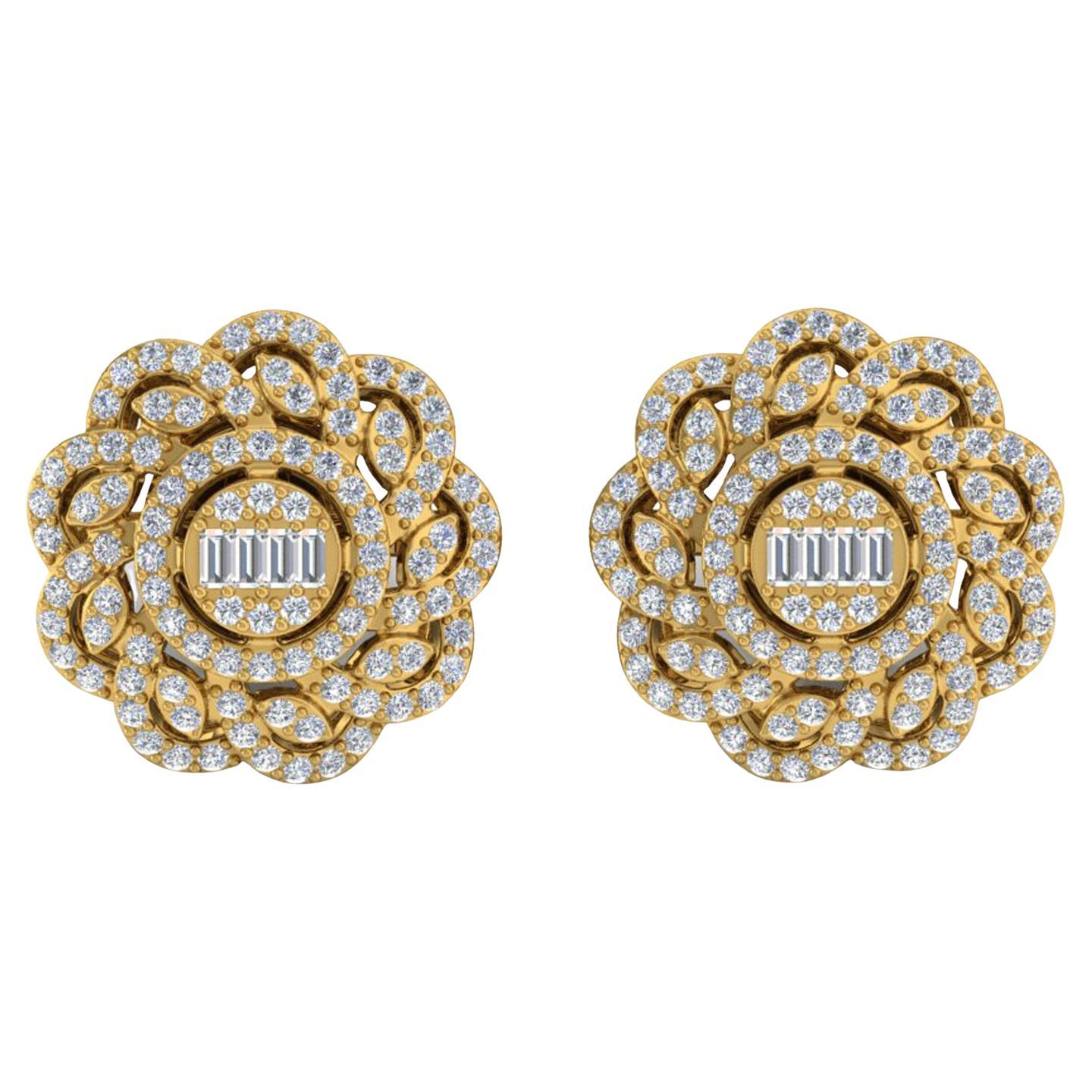1.50 Carat SI/H Baguette Brilliant Cut Diamond Flower Earrings 14k Yellow Gold