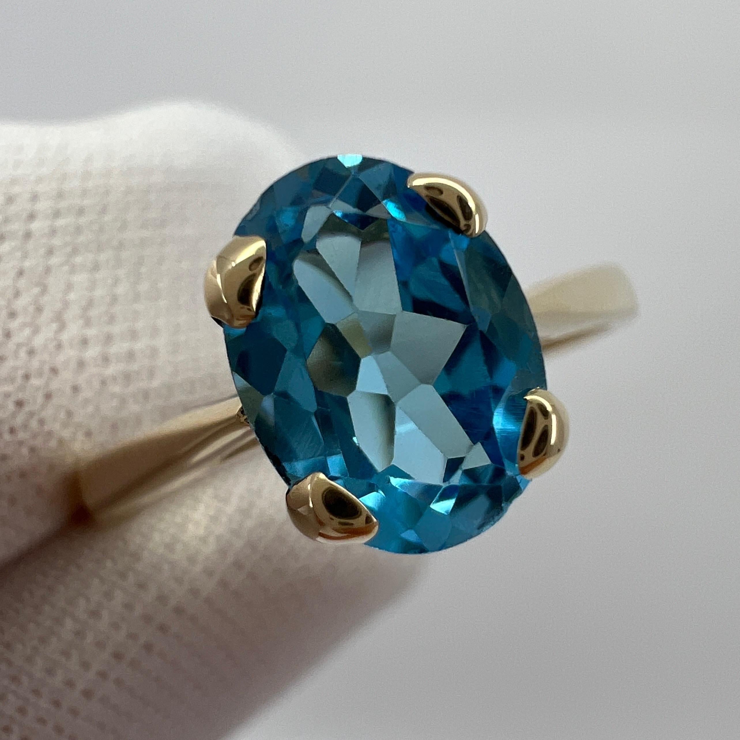 Anillo solitario de topacio azul suizo vivo de talla oval.

Topacio de 1,50 quilates de un impresionante color azul suizo vivo y excelente claridad, piedra muy limpia. También tiene una talla ovalada de excelente calidad que muestra mejor el fino