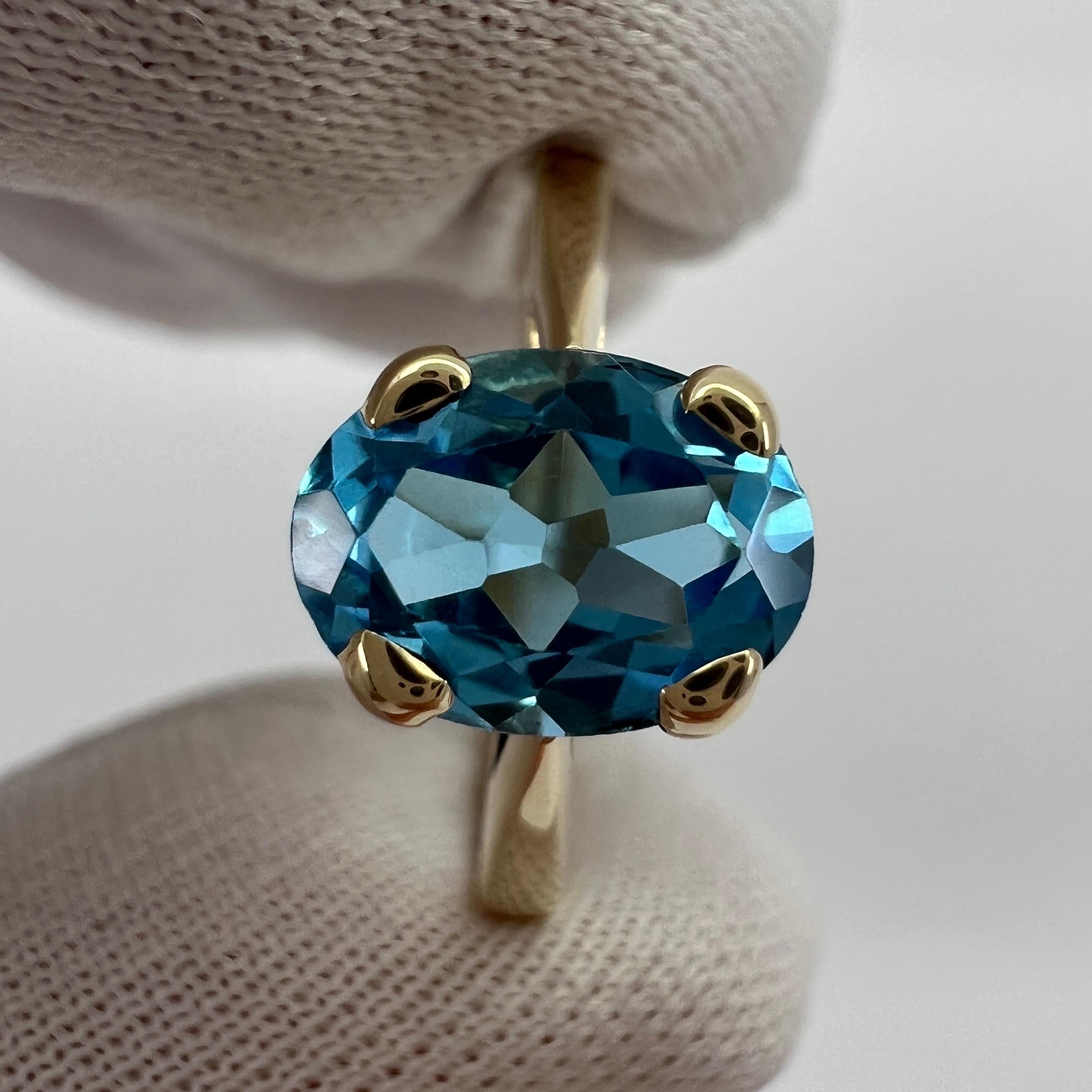 1.50 Carat Swiss Blue Topaz Oval Cut Yellow Gold Solitaire Ring For Sale 1