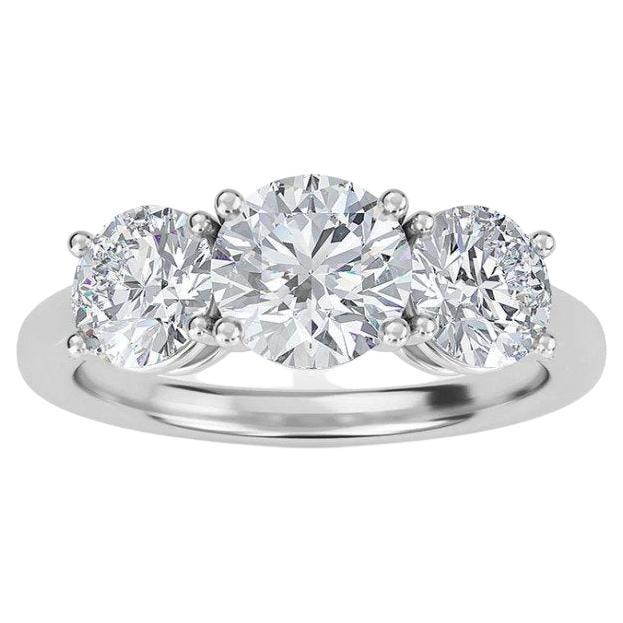 1.50 Carat Three-Stone Round Diamond Ring in 14k White Gold For Sale
