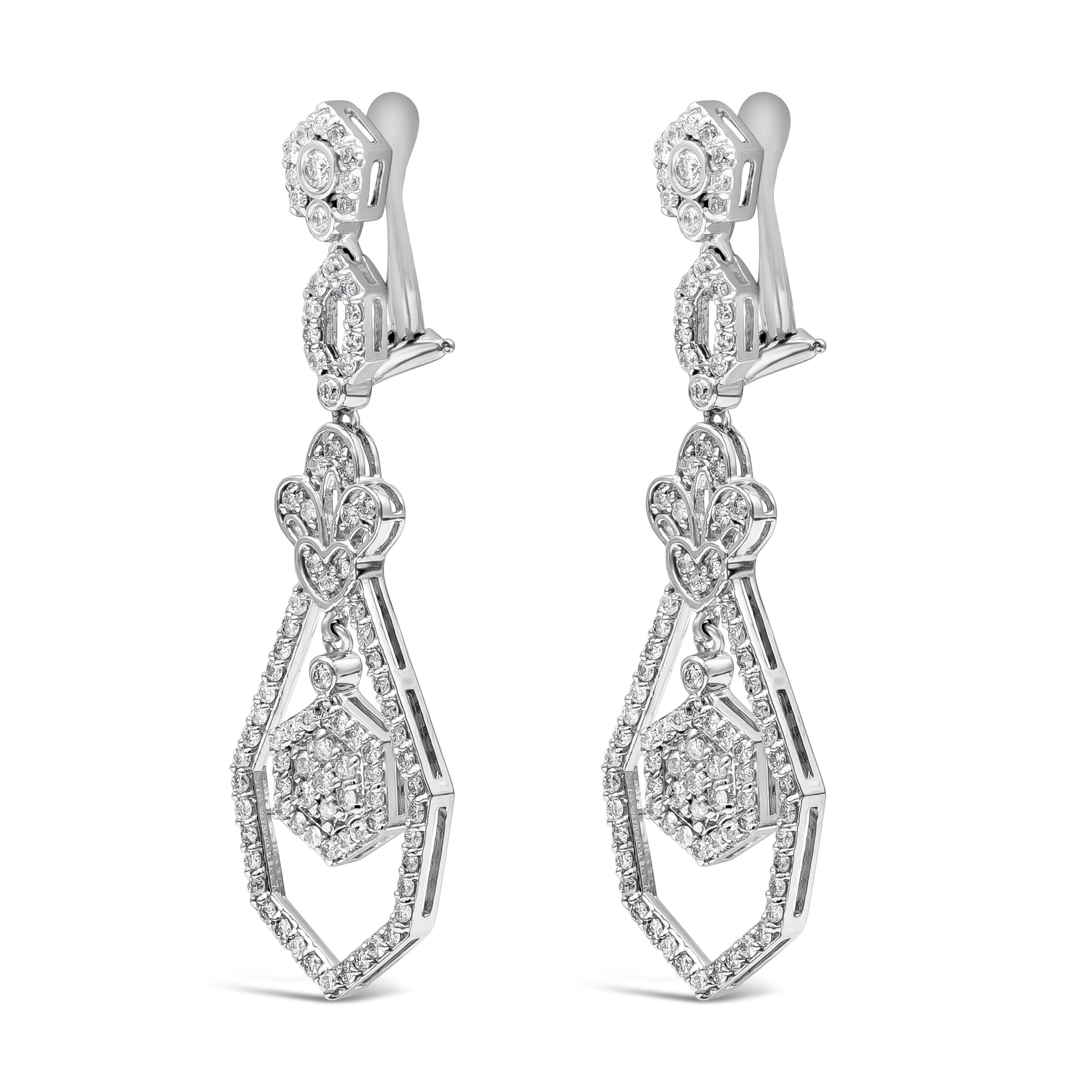 An exquisite chandelier dangle earrings showcasing 184 round diamonds weighing 1.50 carats total, H Color and I1 in Clarity. In a drop open-work design with an antique look. Made with 14K White Gold. 

Style available in different price ranges.