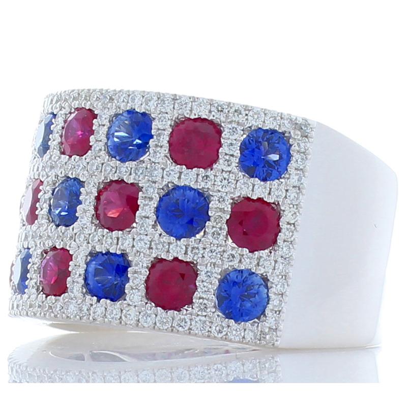 Contemporary 1.50 Carat Total Ruby, Blue Sapphire and Diamond Cocktail Ring in 18 Karat Gold