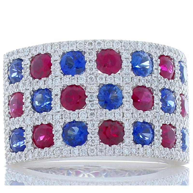 Women's 1.50 Carat Total Ruby, Blue Sapphire and Diamond Cocktail Ring in 18 Karat Gold