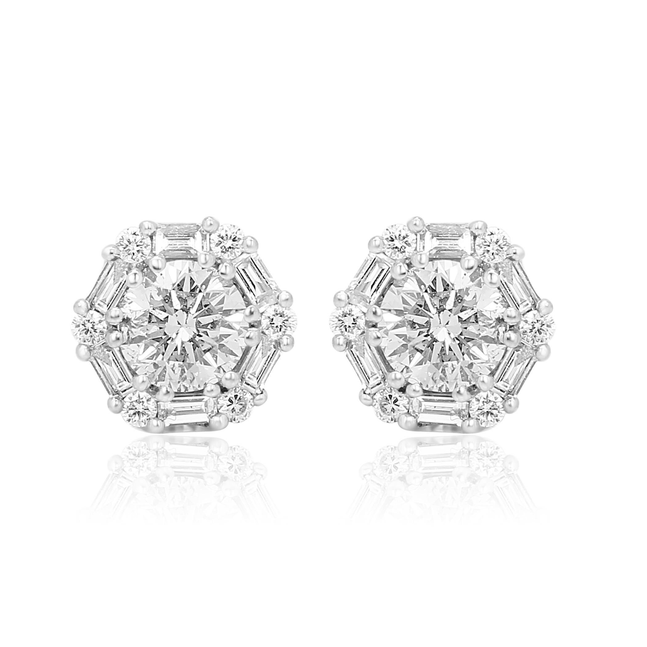 1.50 Carat Total Weight White Diamond Round Single Halo Gold Stud Earring 1