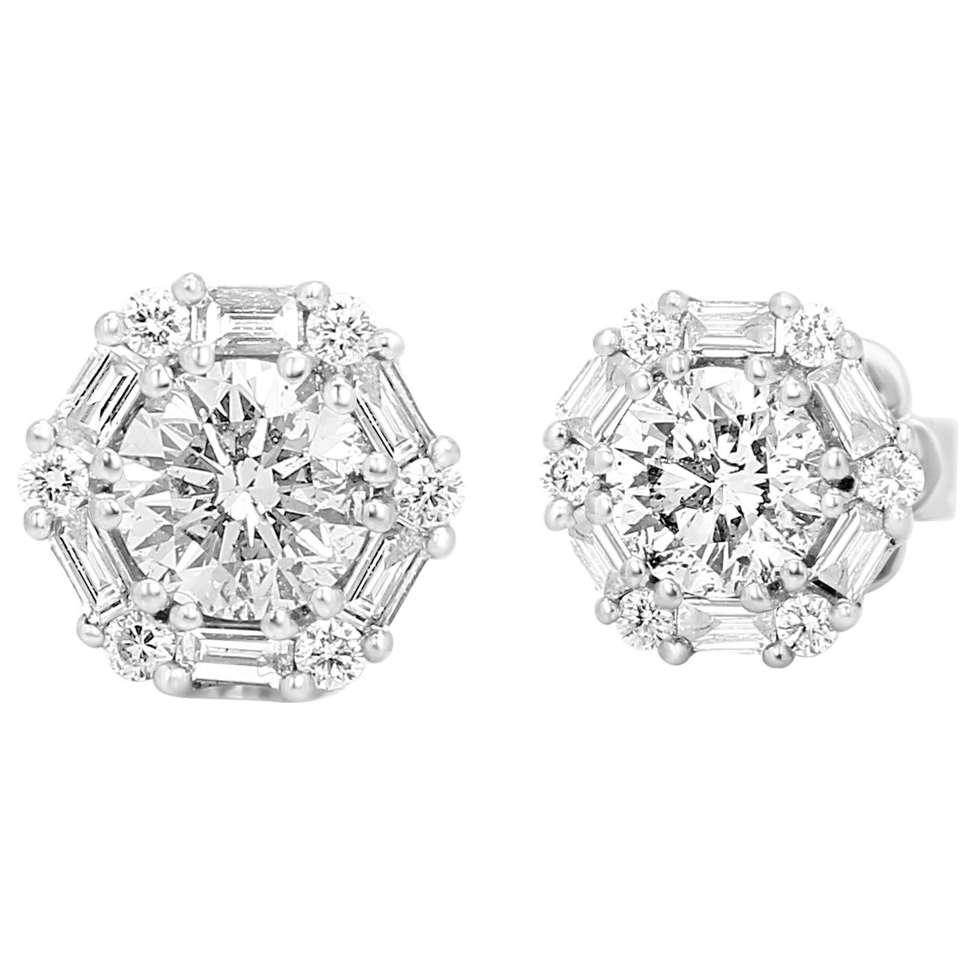 1.50 Carat Total Weight White Diamond Round Single Halo Gold Stud Earring