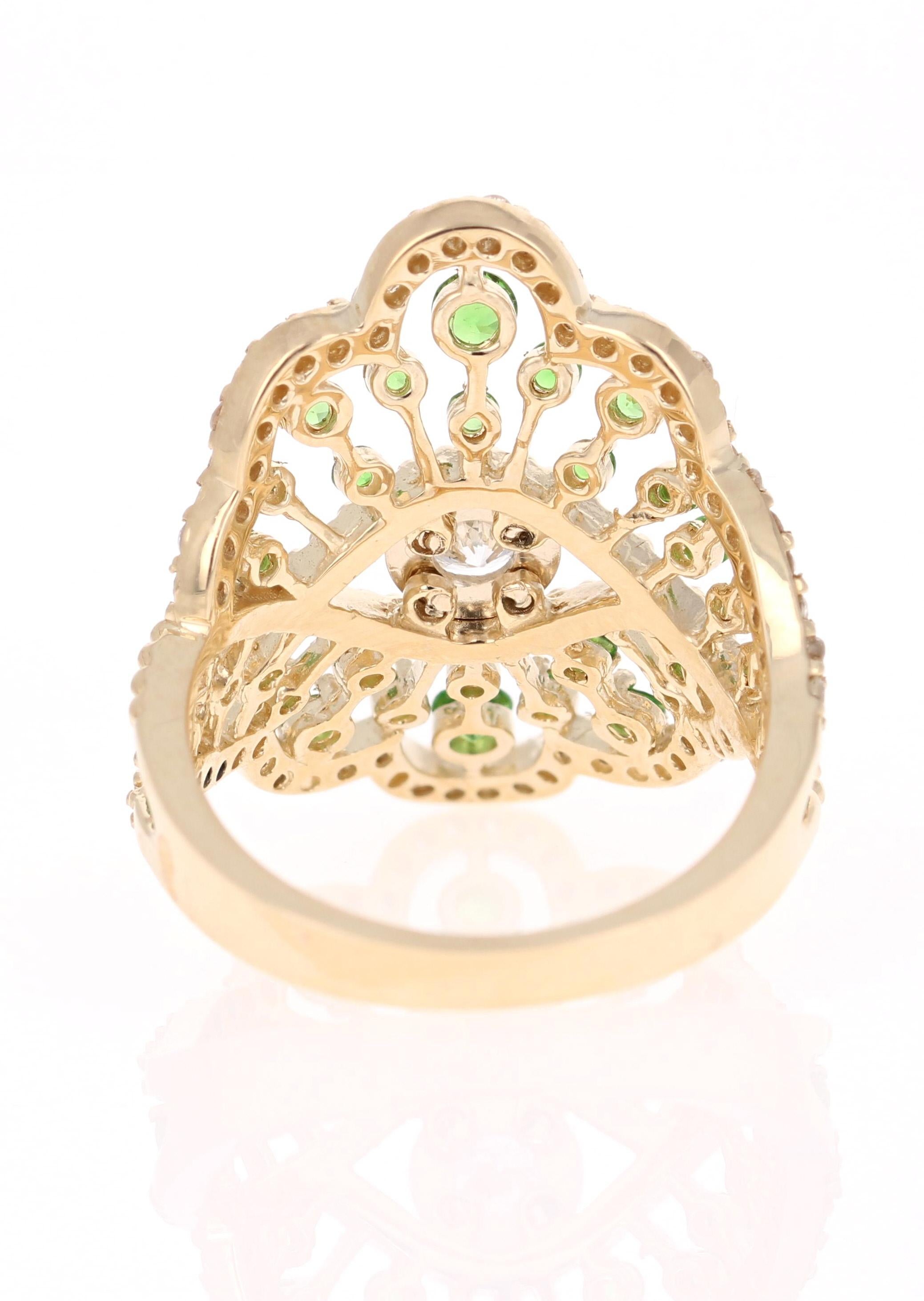 1,50 Karat Tsavorit Diamant Gelbgold Cocktail Ring (Rundschliff) im Angebot