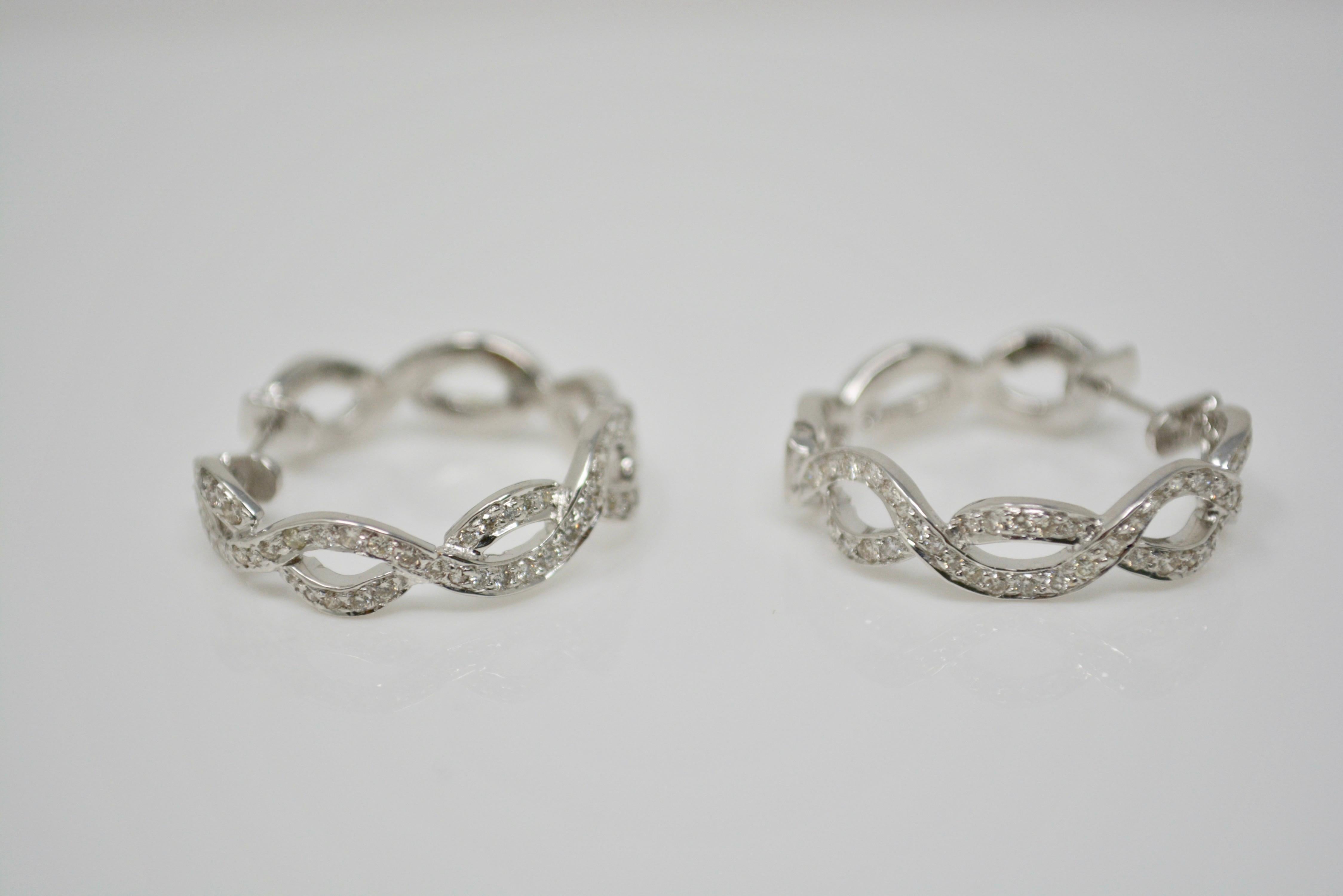 Women's or Men's 1.50 Carat White Diamond Hoop Earrings in 18 Karat White Gold