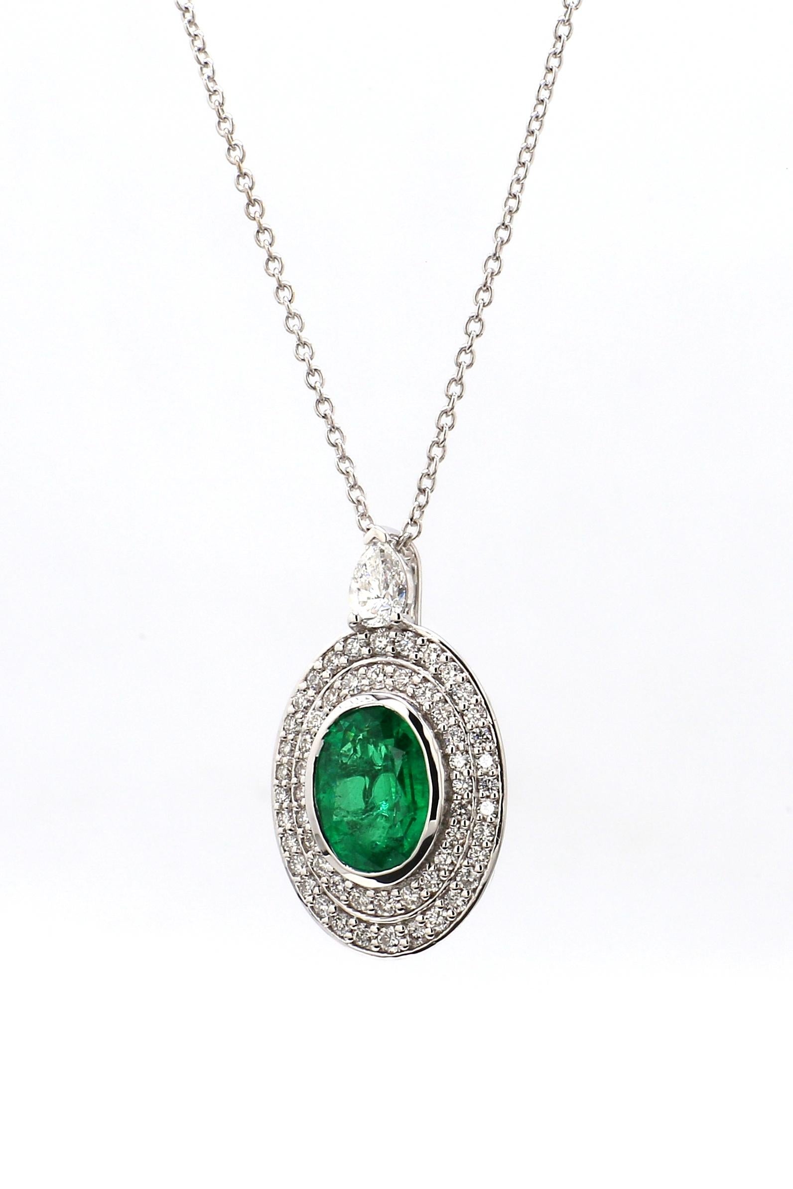 1.50 Carat Zambian Oval Emerald Diamond Pendant in 18K White Gold with 18
