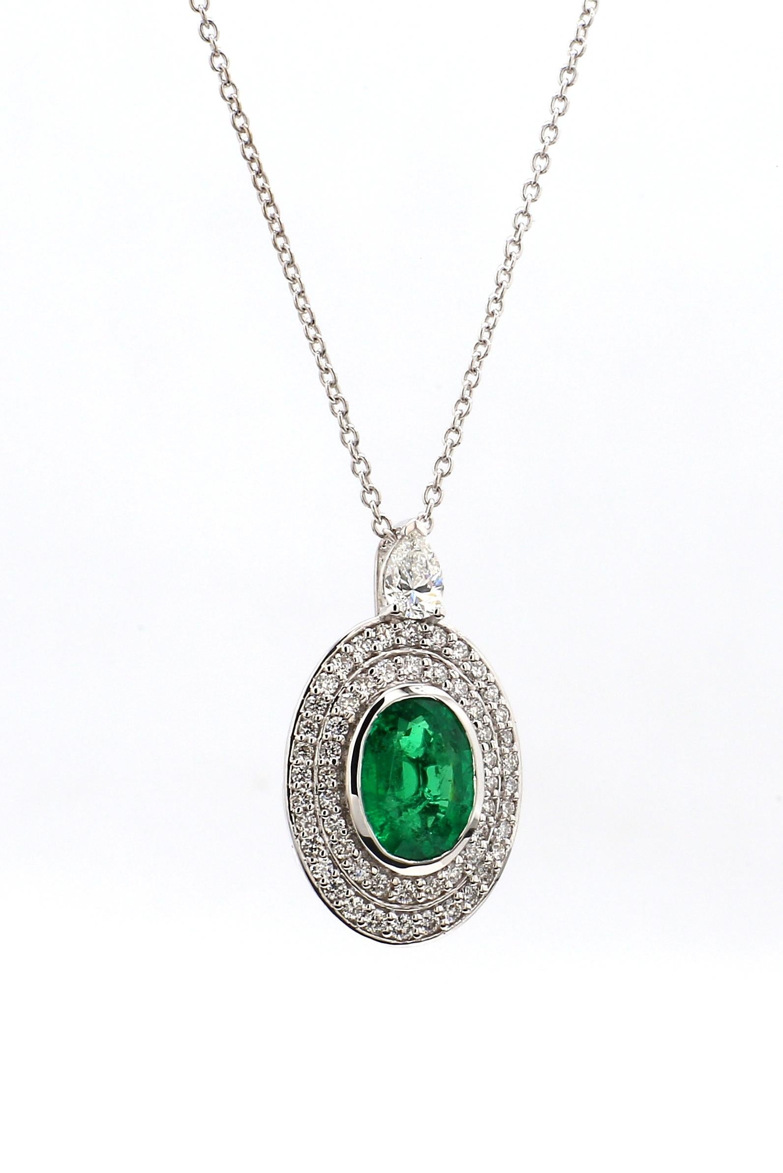 1.50 Carat Zambian Oval Emerald Diamond Pendant in 18K White Gold with 18
