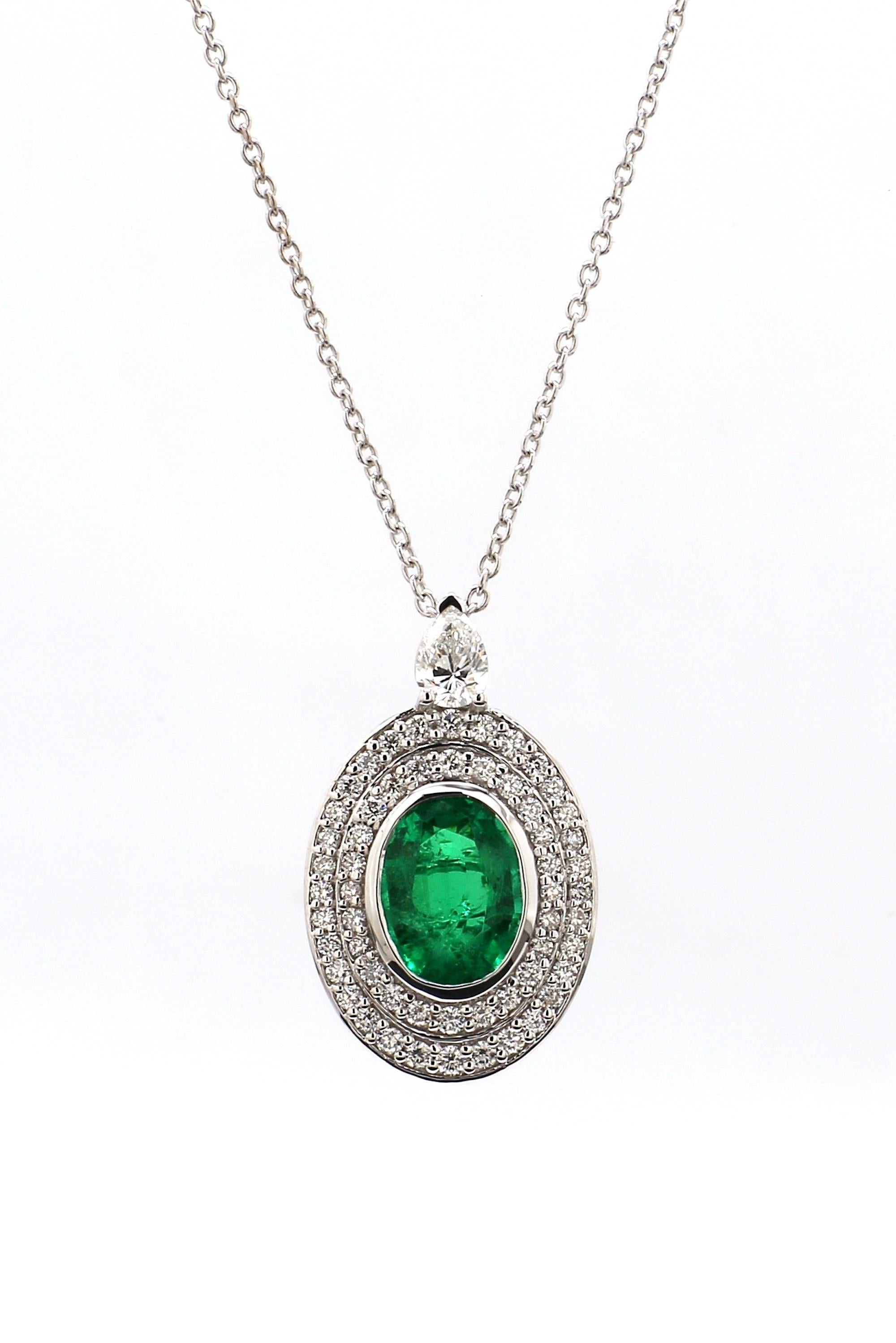 1.50 Carat Zambian Oval Emerald Diamond Pendant in 18K White Gold with 18