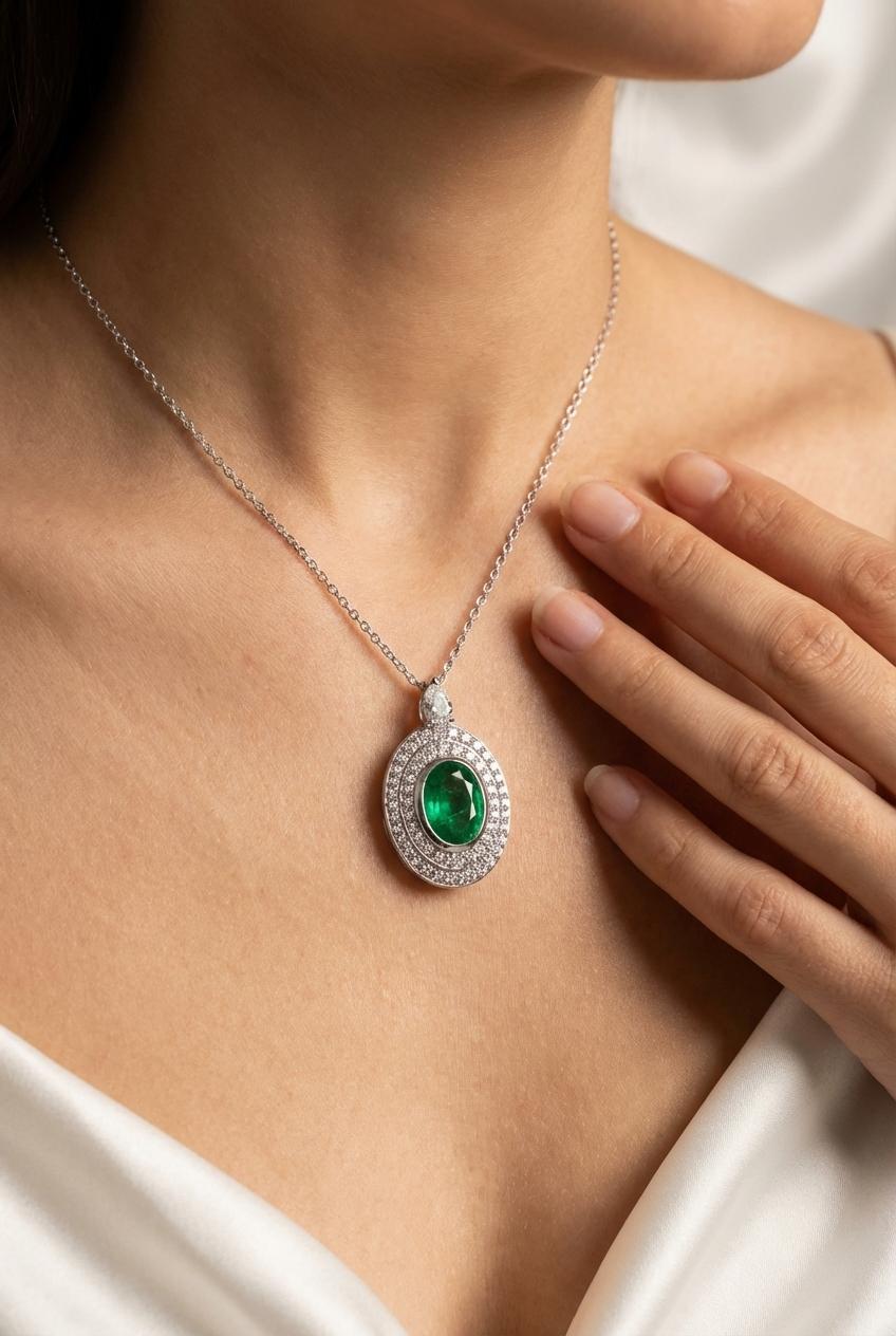 Femenino o masculino 1.50 Carat Zambian Oval Emerald Diamond Pendant in 18K White Gold with 18