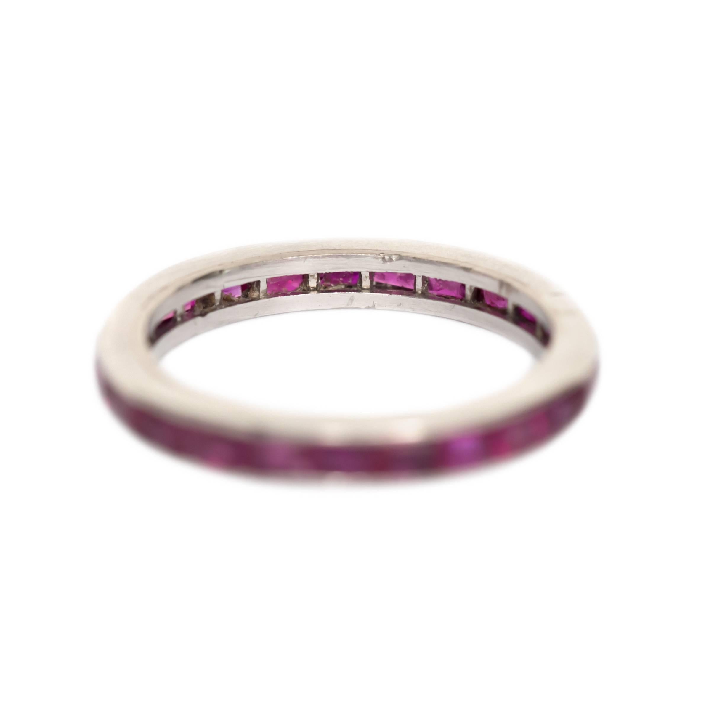 Item Details:
Ring Size: 6
Metal Type: 18 Karat White Gold
Weight: 3.0 grams

Color Stone Details: 
Type: Synthetic Ruby
Shape: Princess Cut 
Carat Weight: 1.50 carat, total weight.
Color: Deep Red
Clarity: VS1

Finger to Top of Stone Measurement: