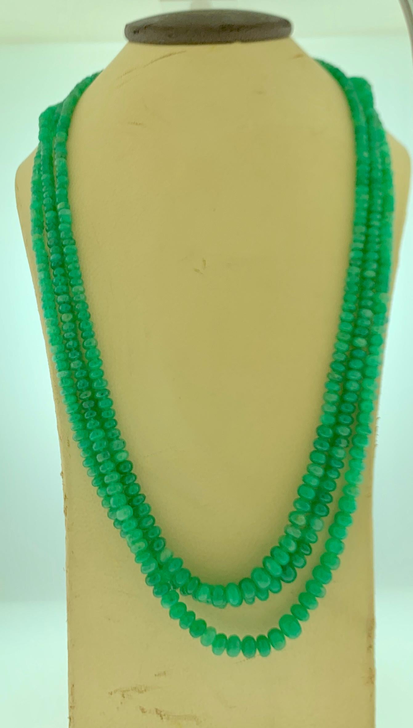 Round Cut 150 Carat 3 Layer Brazilian Emerald Bead Necklace Sterling Silver Clasp