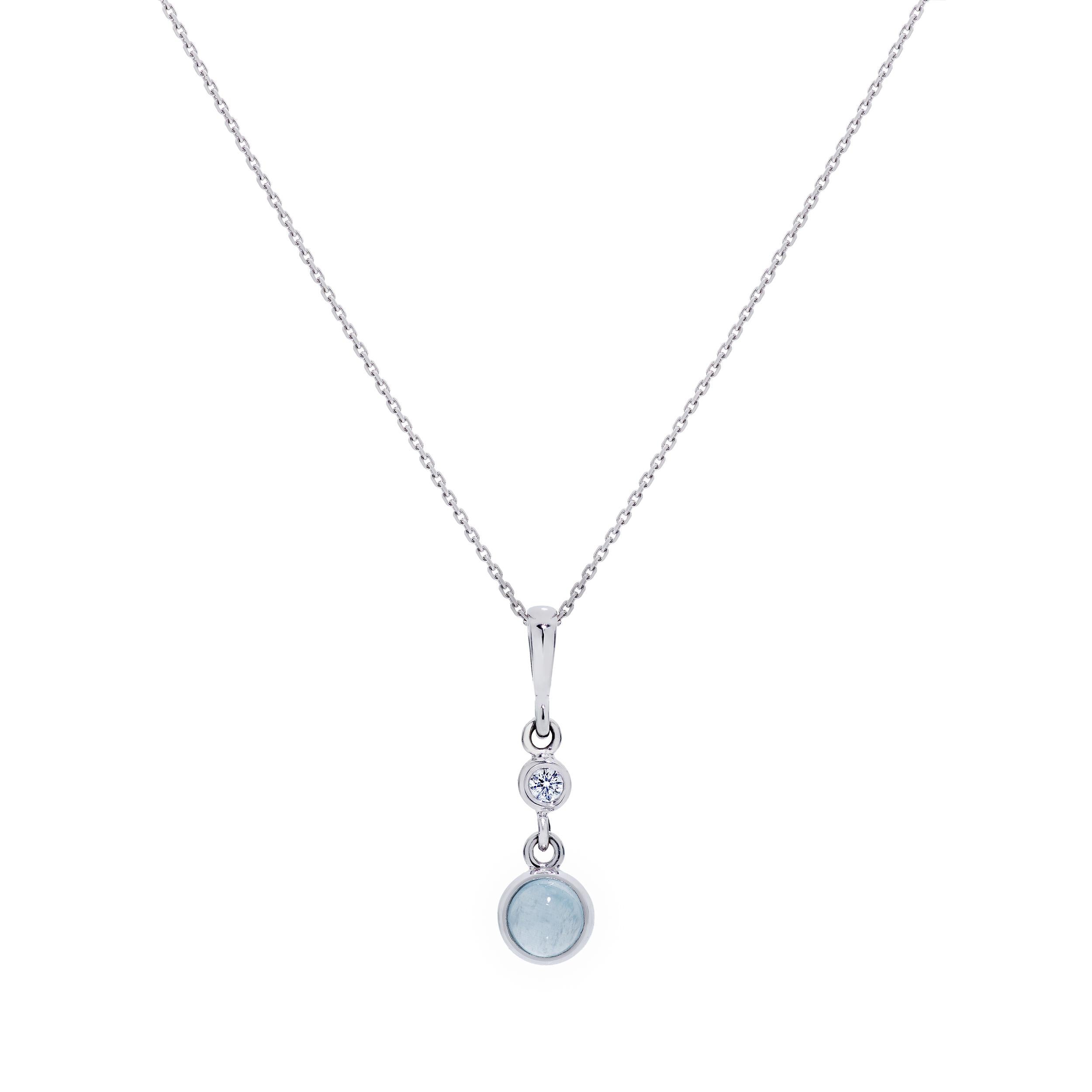 What a precious and perfect set that could also be given as 2 gifts across more than one occasion.  

1.20 Carats of Round Cabochon Aquamarine
0.30 Carats of Round Brilliant Diamonds
Set in 18 Karat White Gold
Chain is 18
