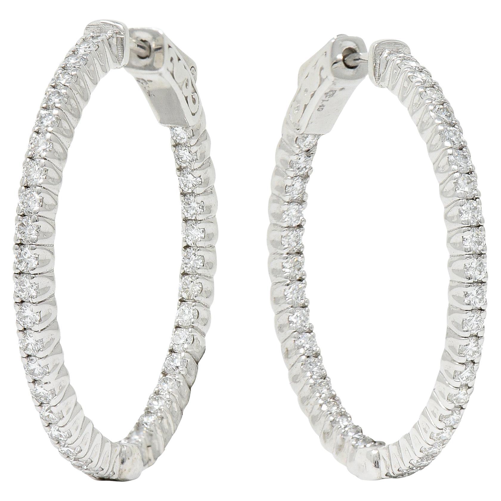1.50 Carats Diamond 14 Karat White Gold Inside Out Hoop Earrings For Sale
