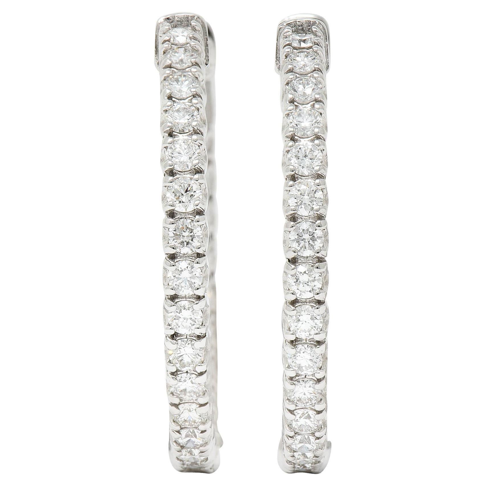 Contemporary 1.50 Carats Diamond 14 Karat White Gold Inside Outside Hoop Earrings For Sale