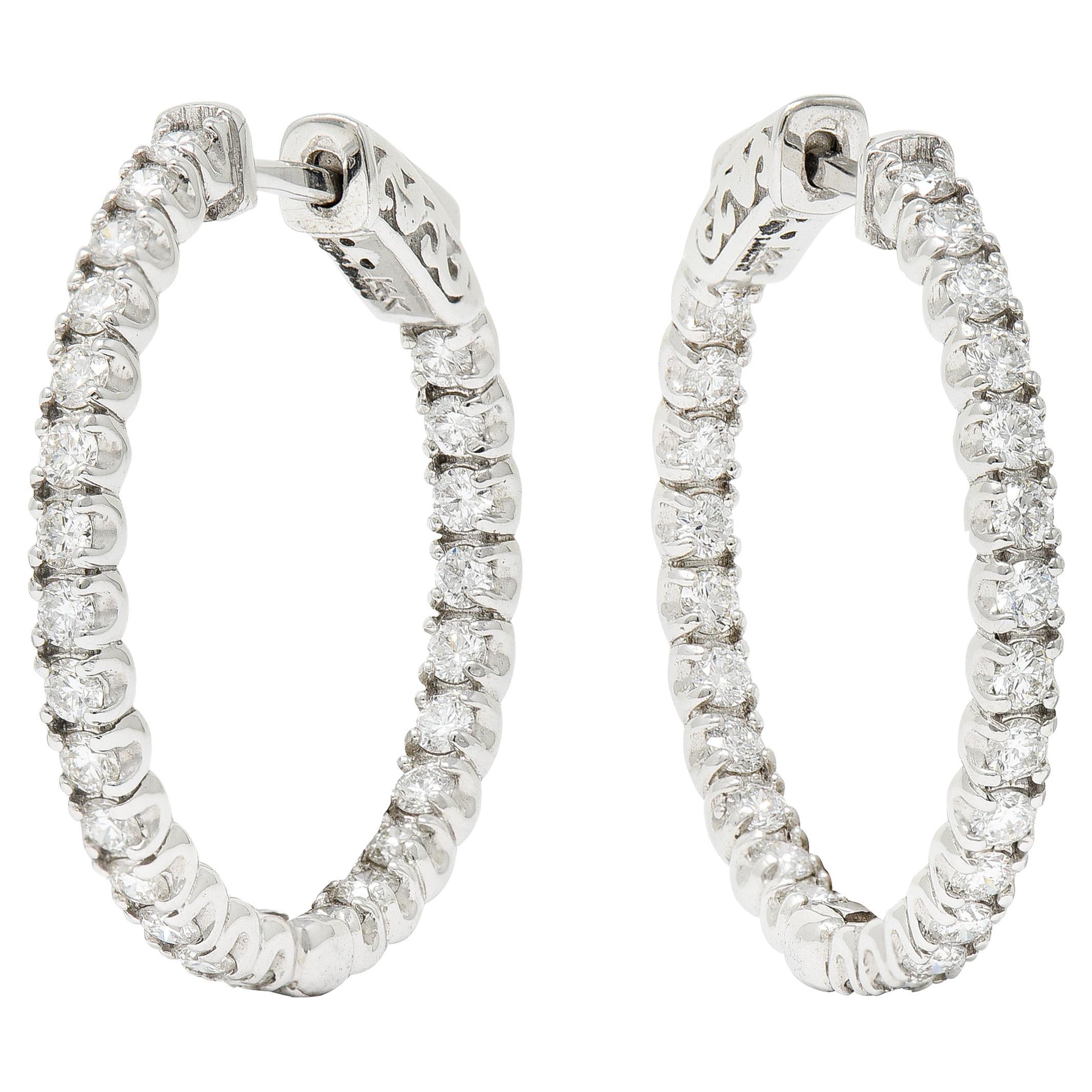 1.50 Carats Diamond 14 Karat White Gold Inside Outside Hoop Earrings For Sale