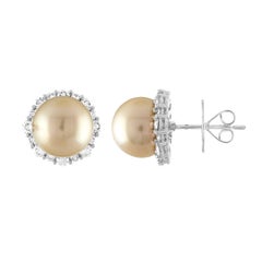 1.50 Carat Diamond Light Golden Yellow South Sea Pearls and Gold Earrings