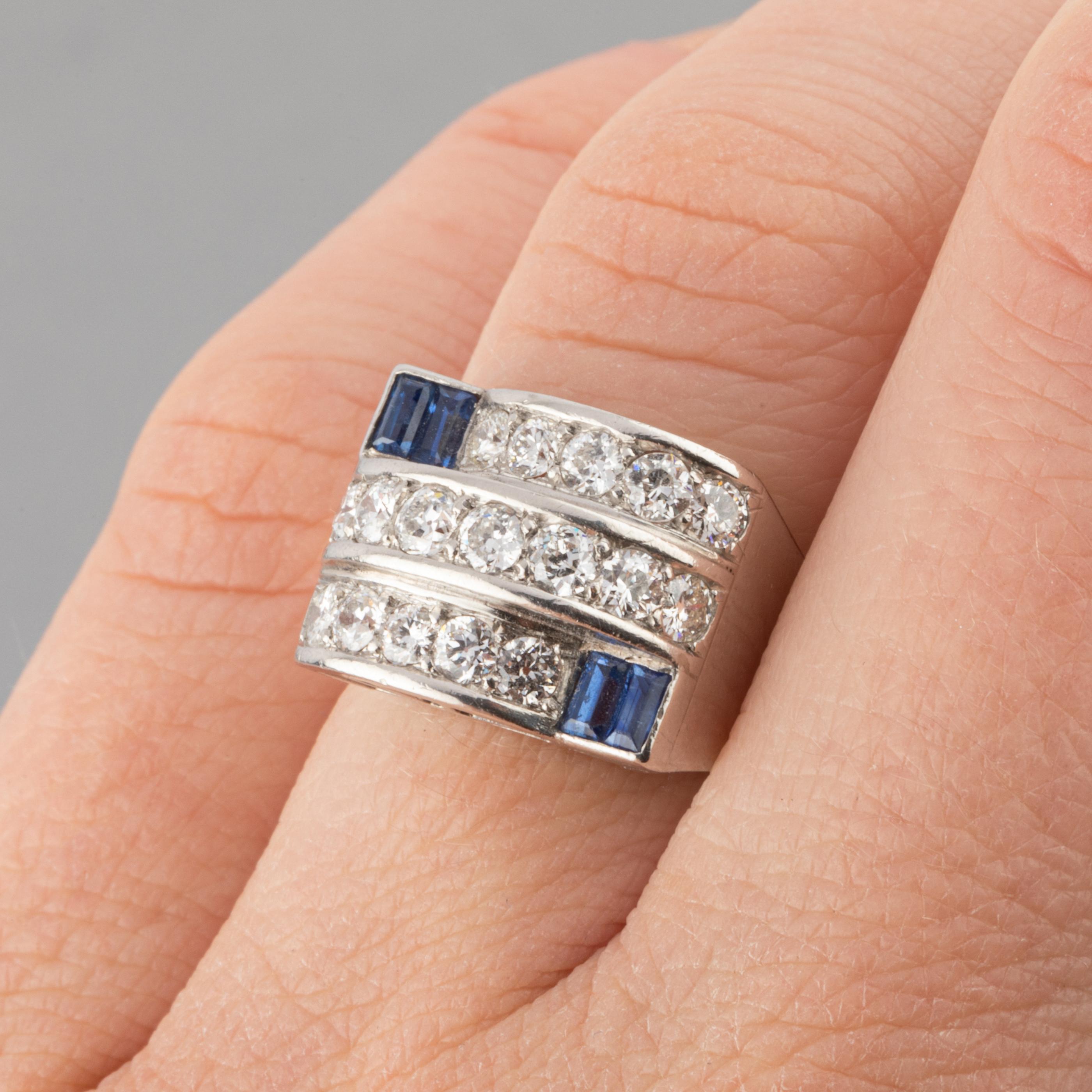 Elegant Art Deco ring, made in France circa 1930.
Made in white gold and set with diamonds and sapphires.
The diamonds weights 1.50 carats, they are white, good quality.
Ring size is 51.5 or 6 usa, sizeable.
The dimensions of stones part is 15 mm *