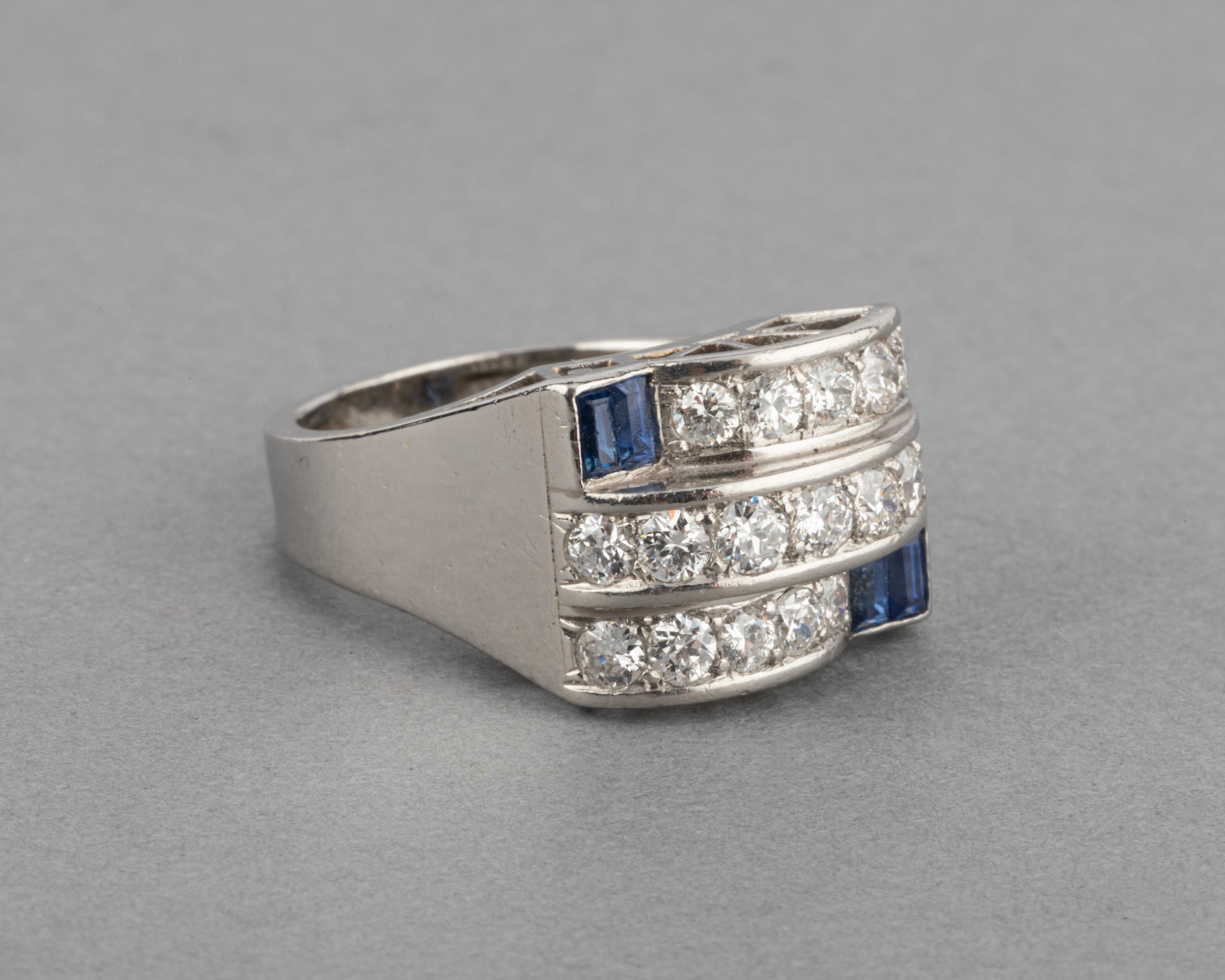 Round Cut 1.50 Carat Diamonds and Sapphires French Art Deco Ring For Sale