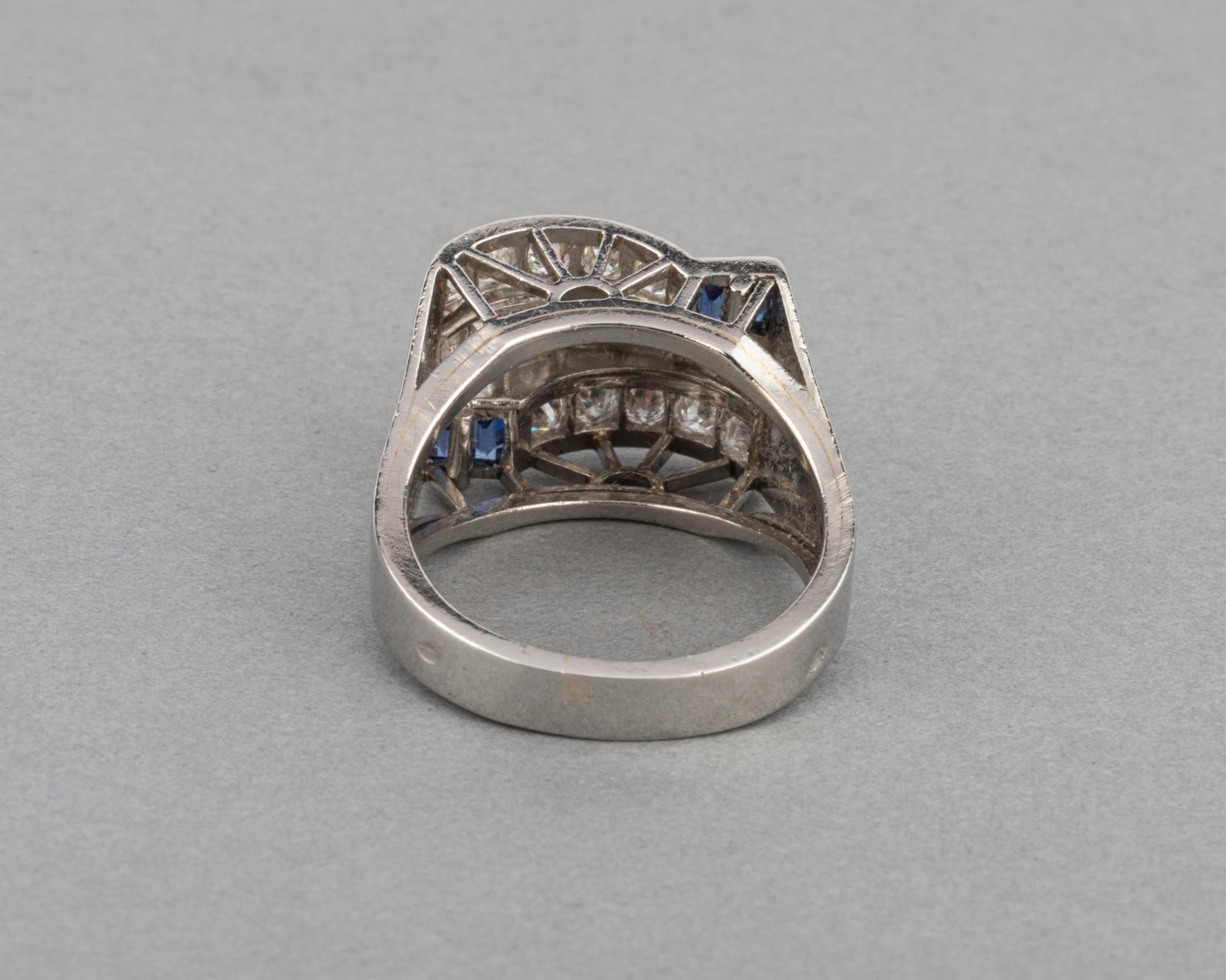 1.50 Carat Diamonds and Sapphires French Art Deco Ring In Good Condition For Sale In Saint-Ouen, FR
