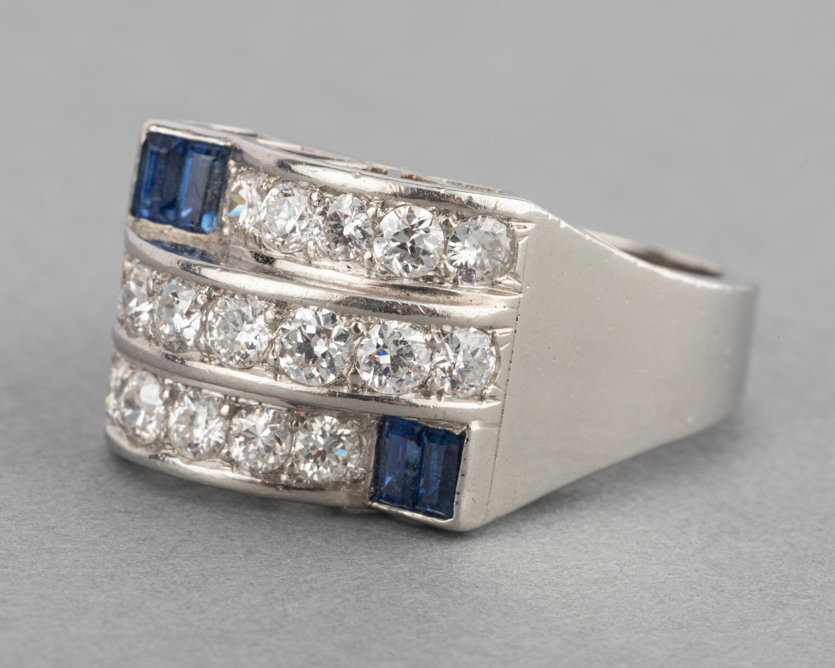 Women's 1.50 Carat Diamonds and Sapphires French Art Deco Ring For Sale