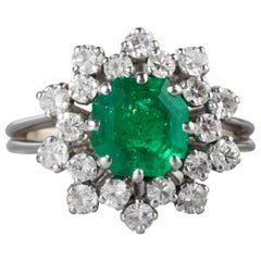 1.50 Carats Emerald and 1 Carat Diamonds French Vintage Ring