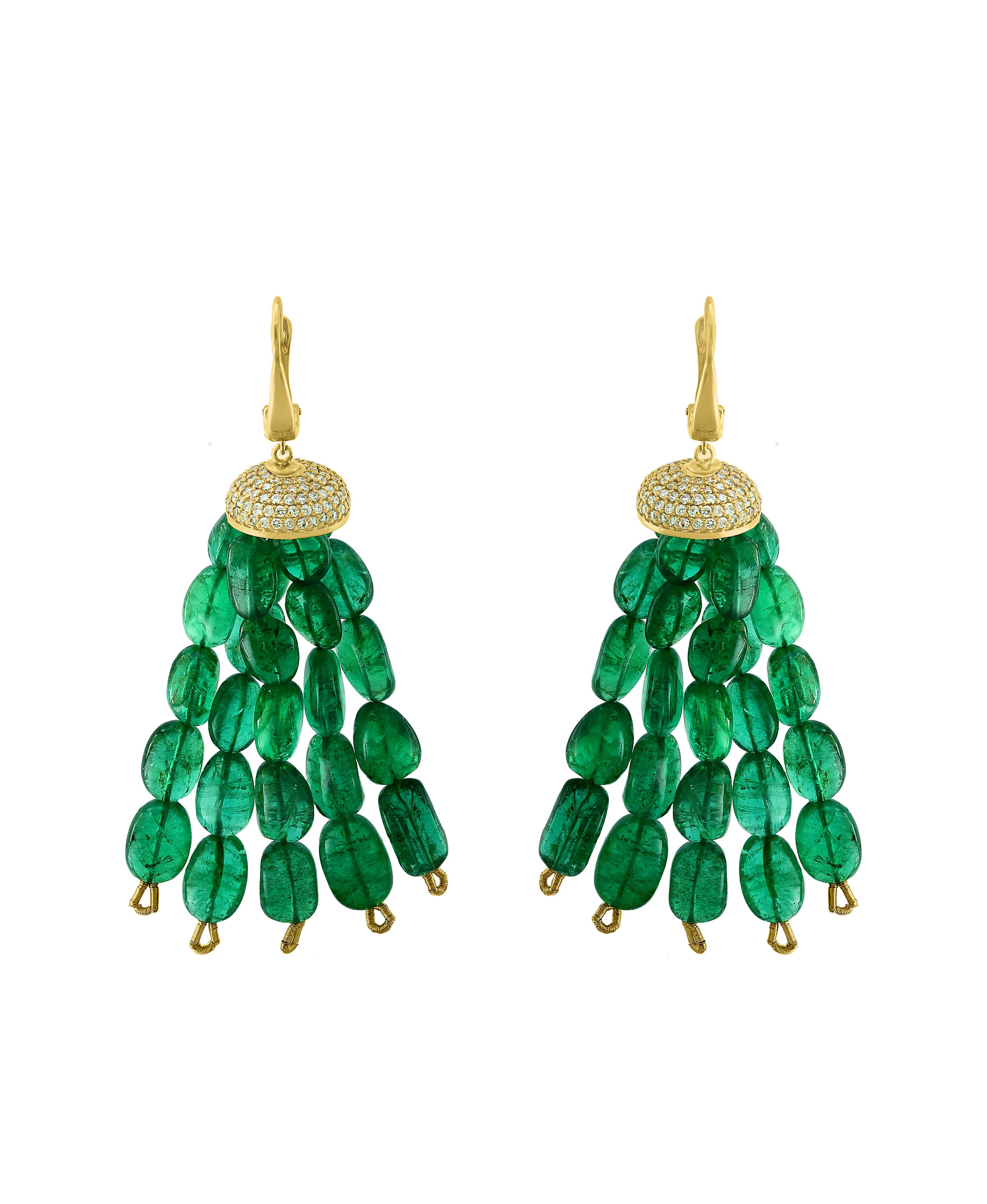 150 Carats Emerald Beads & Diamond  Hanging Earrings  14 K Gold 
This exquisite pair of earrings are beautifully crafted with 14 karat yellow gold  
150 Carats of  fine emerald beads are  hanging  from a beautiful cap surrounded by  brilliant round