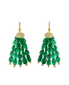 150 Carat Emerald Beads and Diamond Hanging/ Drop Earrings 14 Karat Yellow Gold