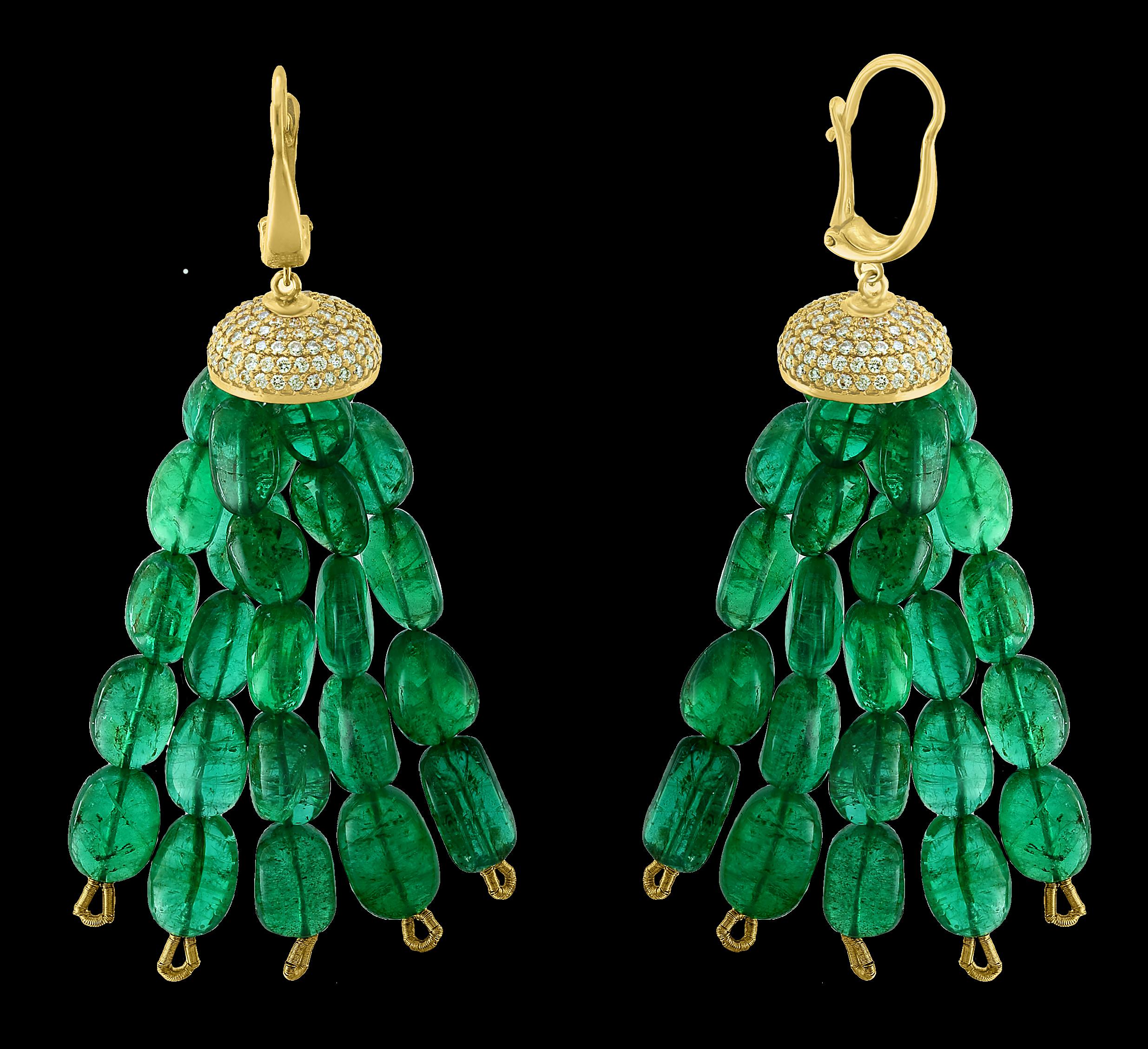 Oval Cut 150 Carat Emerald Beads and Diamond Hanging/ Drop Earrings 14 Karat Yellow Gold For Sale