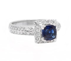 Magnifique saphir bleu naturel de Ceylan de 1,50 carat et diamant blanc massif de 14 carats