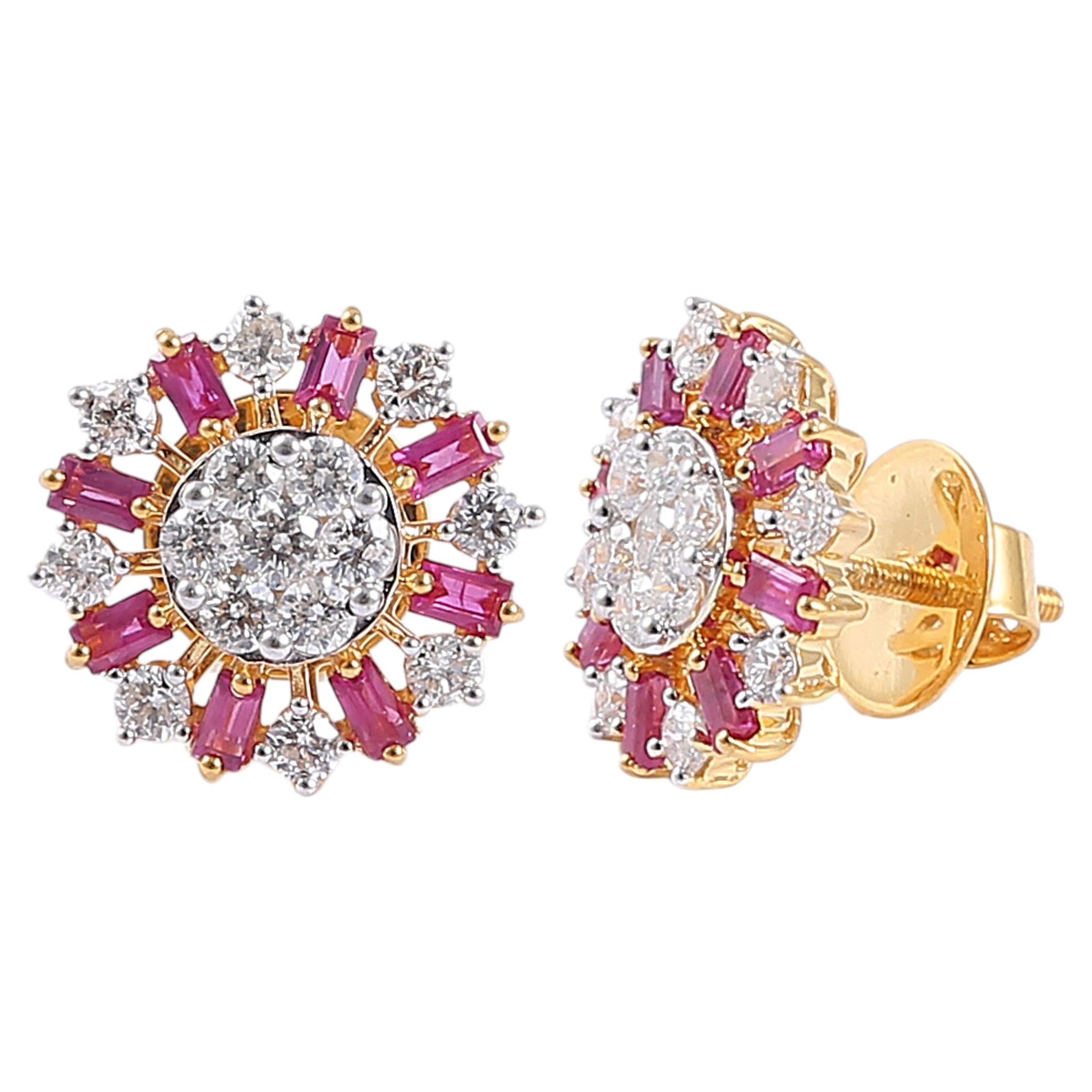 1.50 Carats F/VS1 Diamonds & 1.20 Carats Ruby Stud Earrings in 18K Yellow Gold