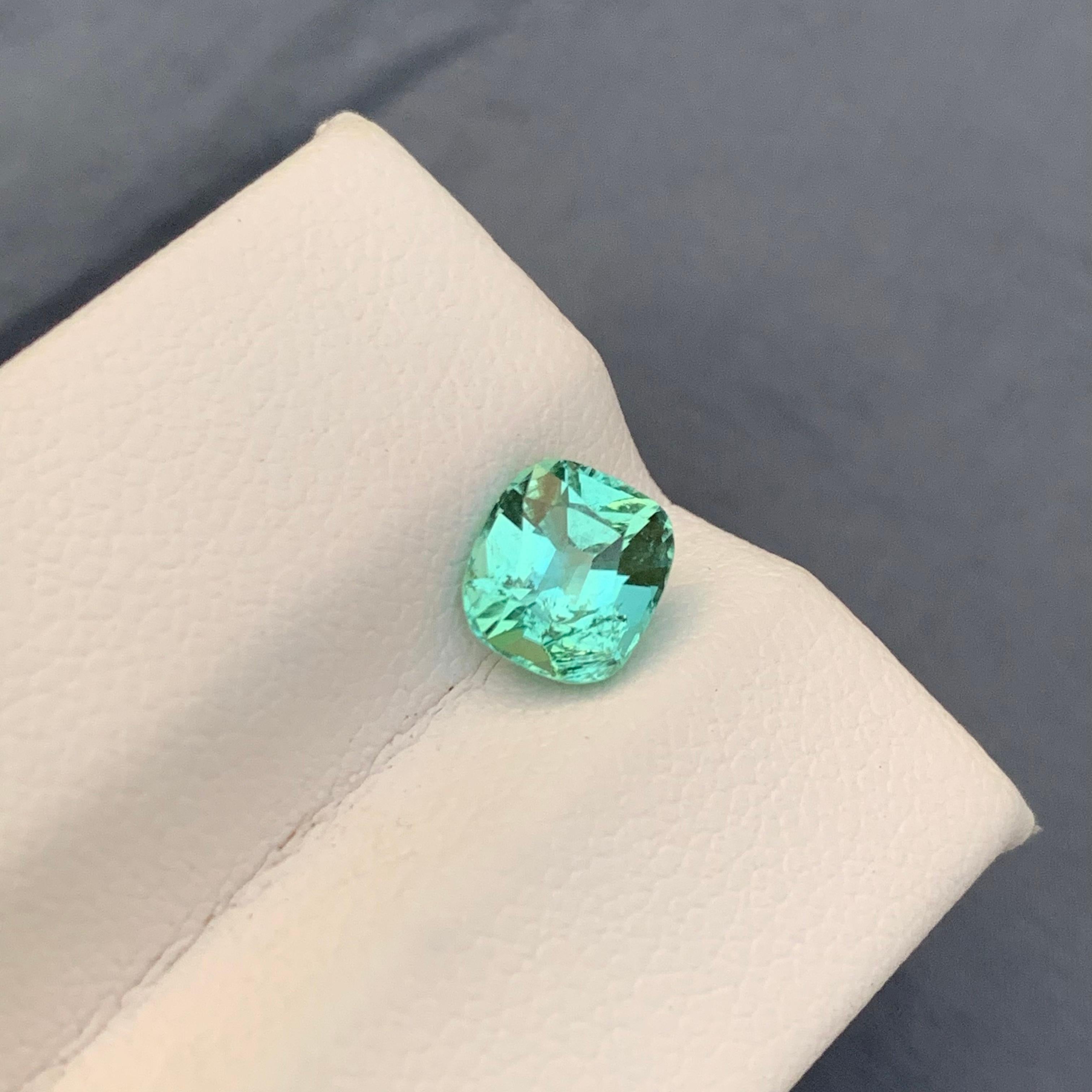 Faceted Tourmaline 
Weight: 1.50 Carats 
Dimension: 7x6.4x4.7 Mm
Origin: Kunar Afghanistan 
Shape: Cushion 
Color: Mint Green 
Treatment: Non
Tourmaline is a diverse and popular gemstone known for its wide range of colors and metaphysical