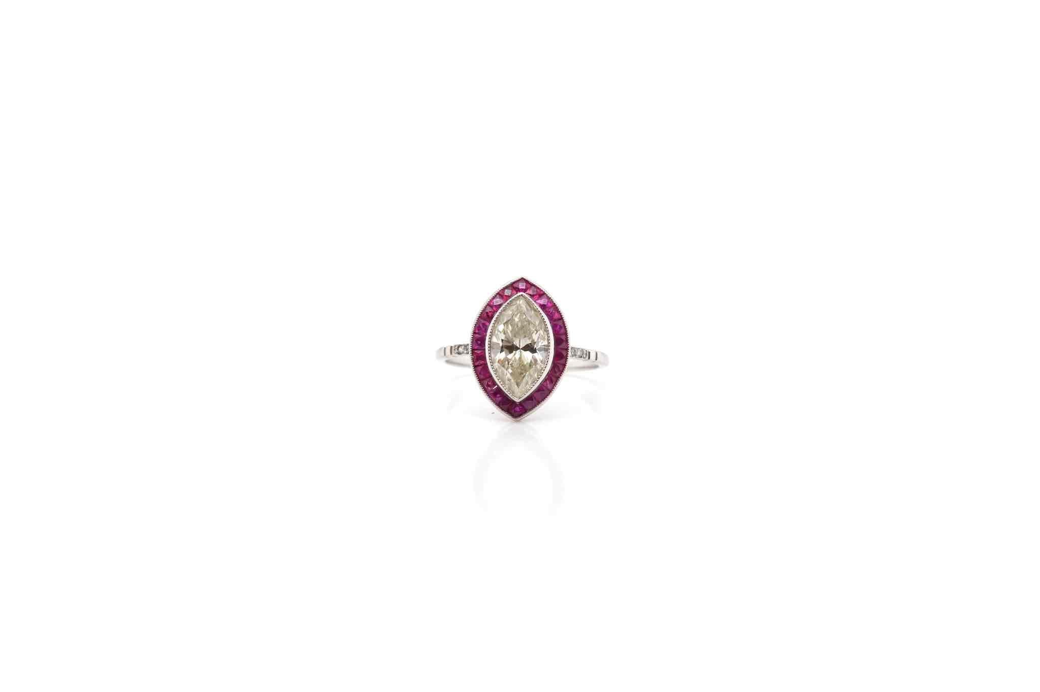 Stones: 1.50 carat L/Vs2 marquise diamond
and ruby for a total weight of 0.90 carat
Material: 18k white gold
Dimensions: 15 mm length on finger
Period: 1950
Weight :
Size: 49 (free sizing)
Certificate
Ref. : 24936