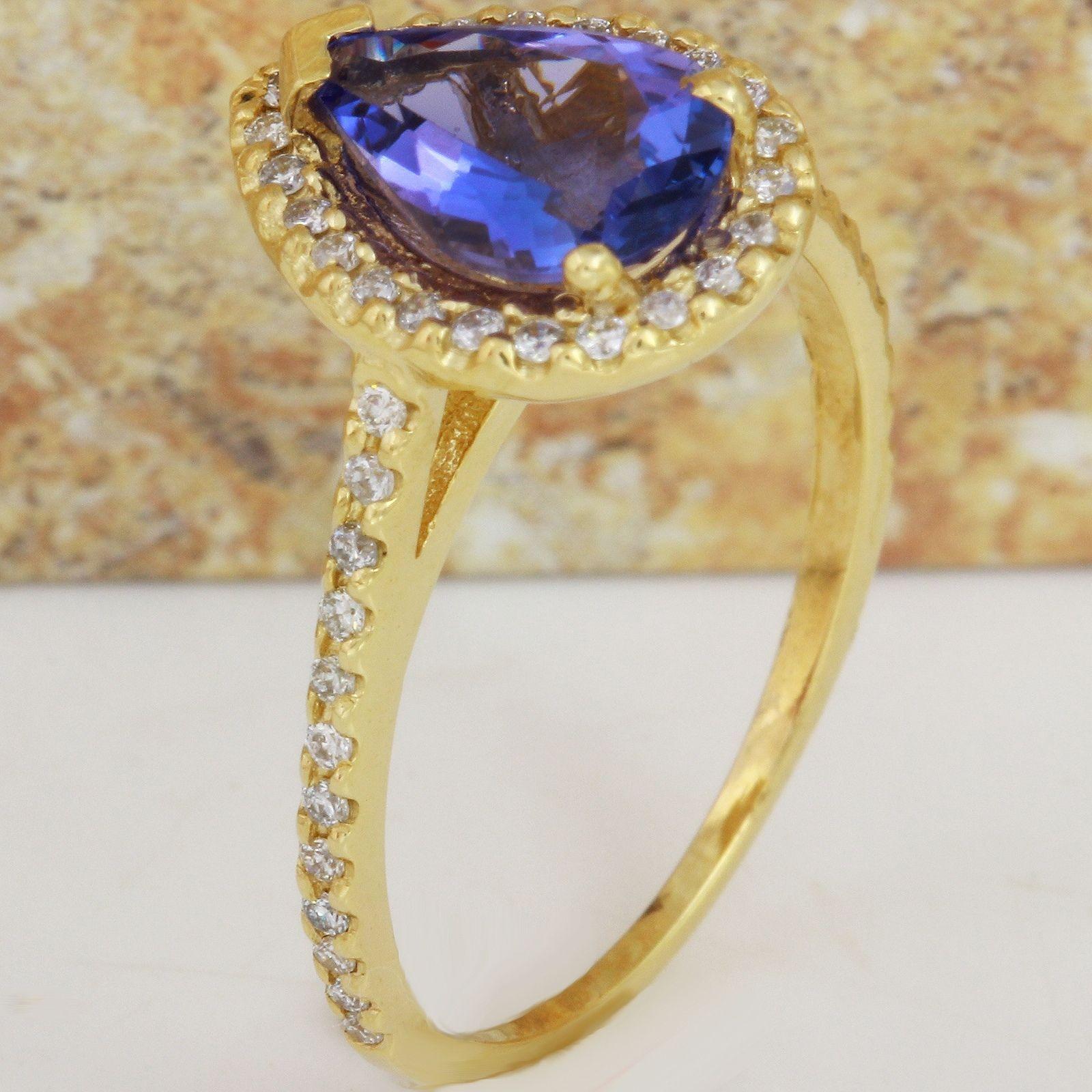 Pear Cut 1.50 Carat Natural Very Nice Looking Tanzanite and Diamond 14K Solid Yellow For Sale