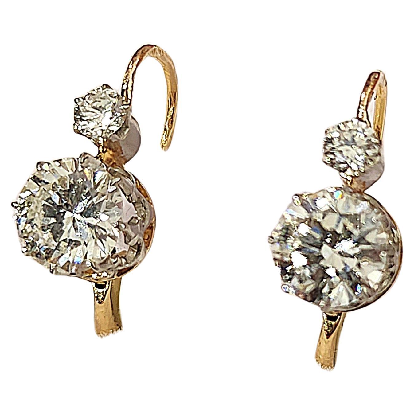 Old European Diamond 1.50 Carats French Gold Earrings In Excellent Condition For Sale In Cairo, EG