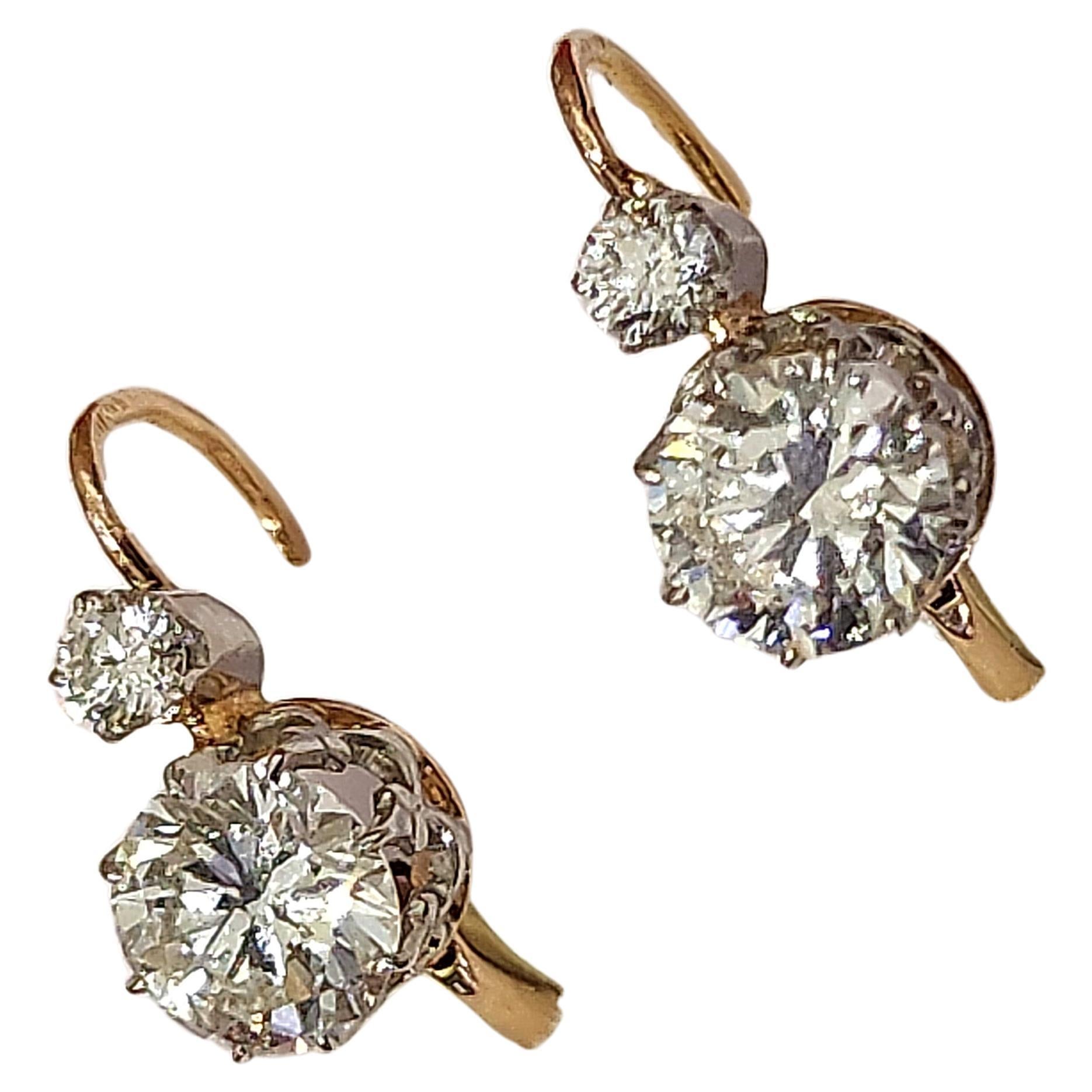 Women's Old European Diamond 1.50 Carats French Gold Earrings For Sale