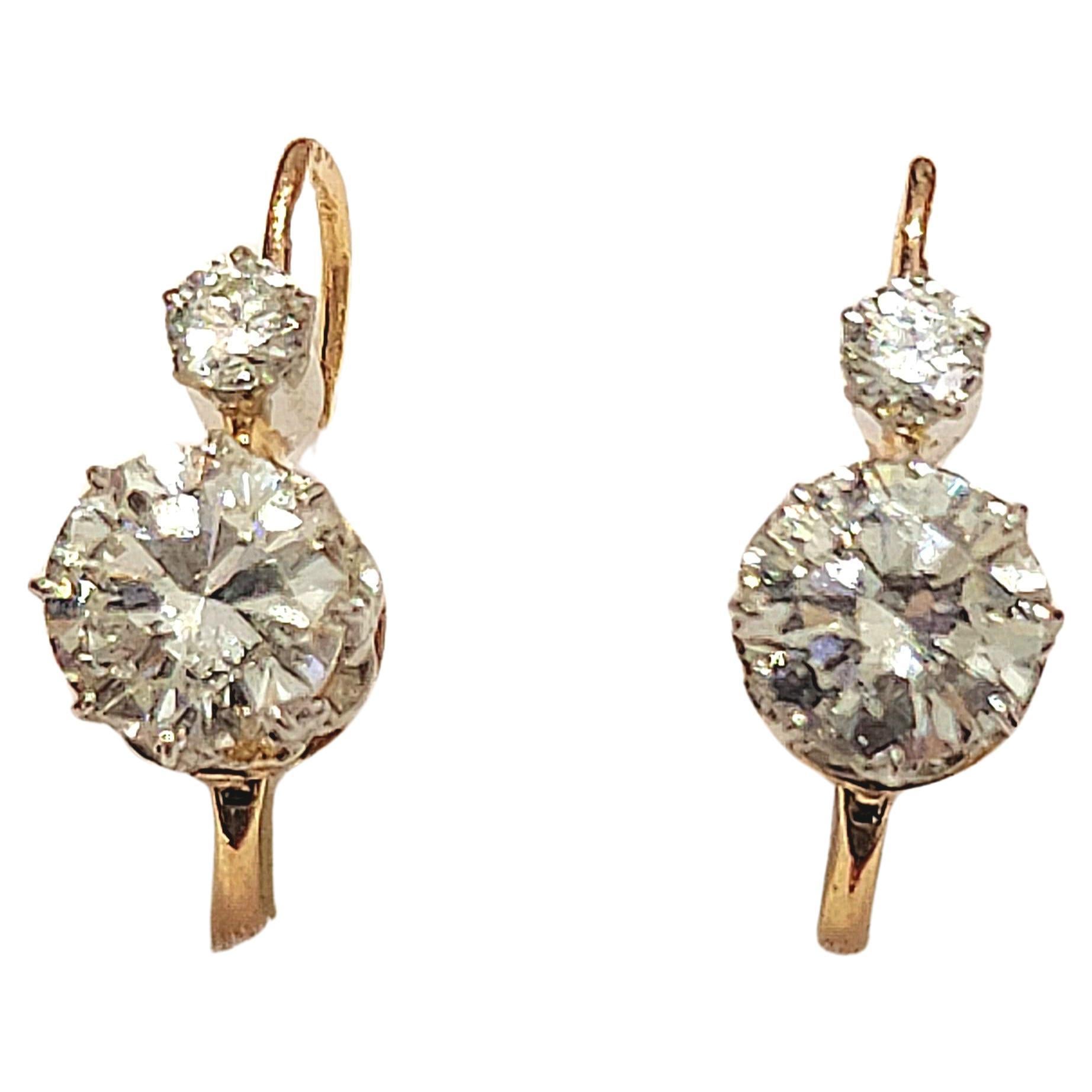 Old European Diamond 1.50 Carats French Gold Earrings For Sale 1